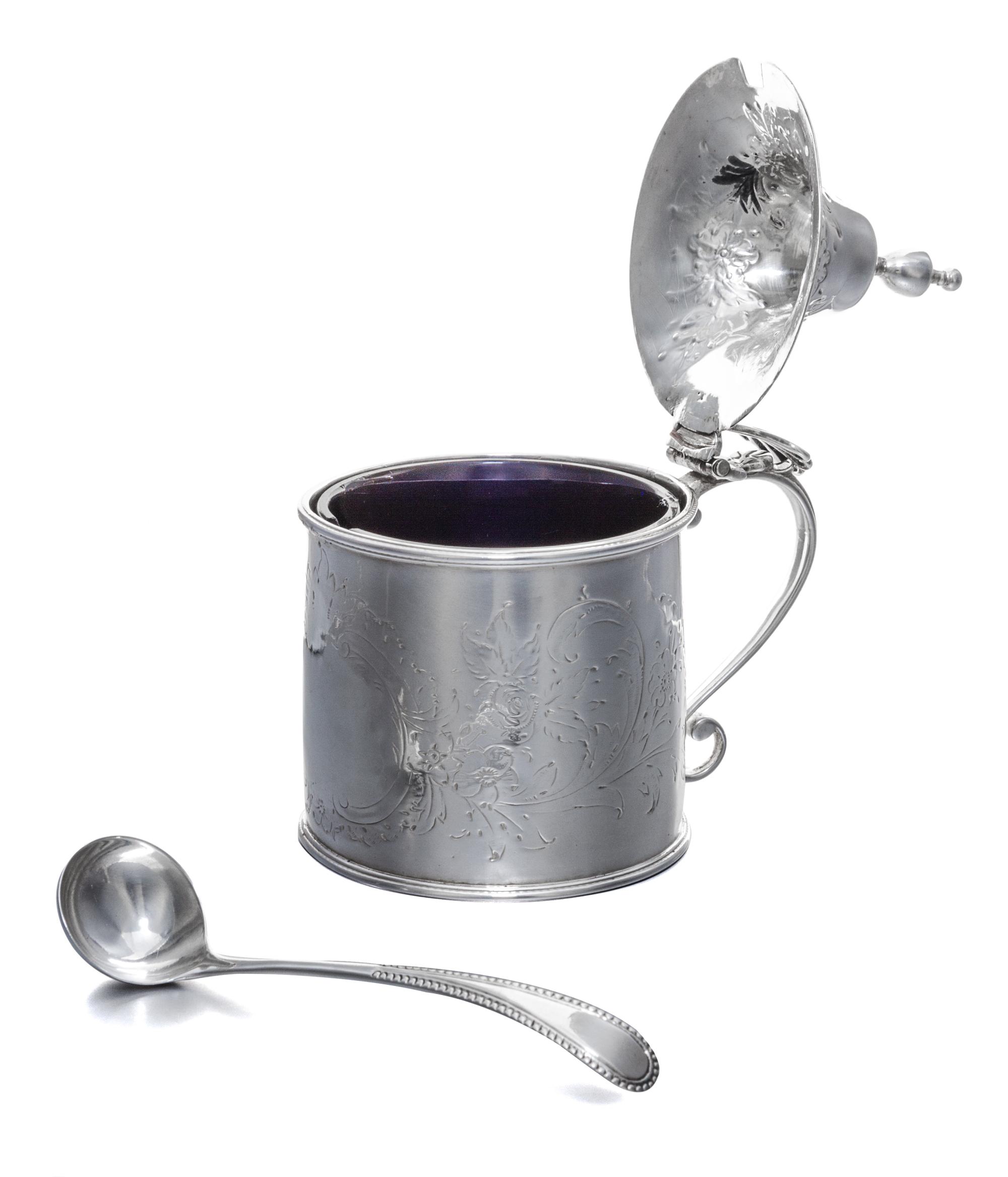 A George III Silver Mustard Pot with Glass Liner, Hester Bateman, London, 1788, of cylindrical form with a hinged lid, worked to show f