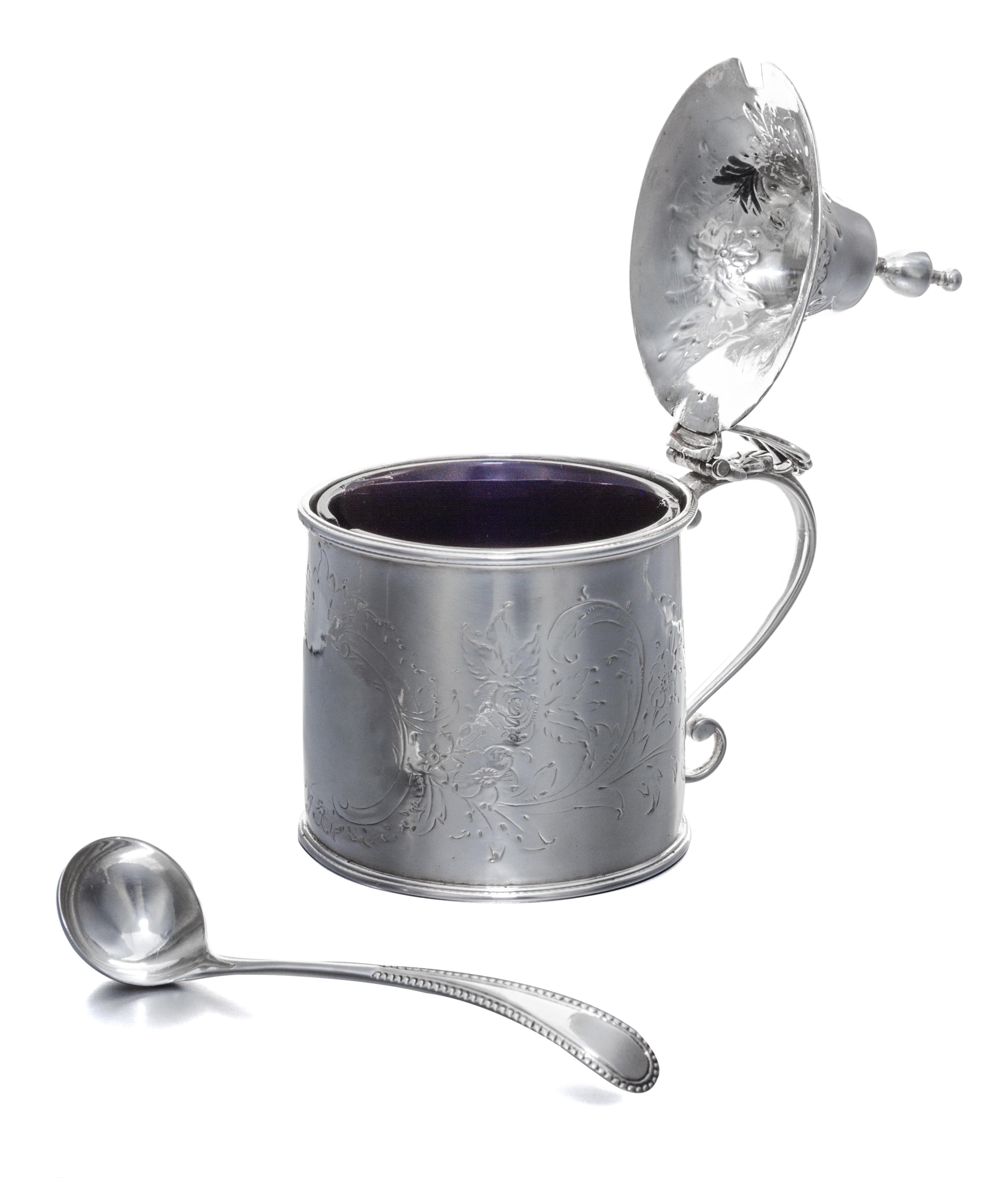A George III Silver Mustard Pot with Glass Liner, Hester Bateman, London, 1788, of cylindrical form with a hinged lid, worked to show f