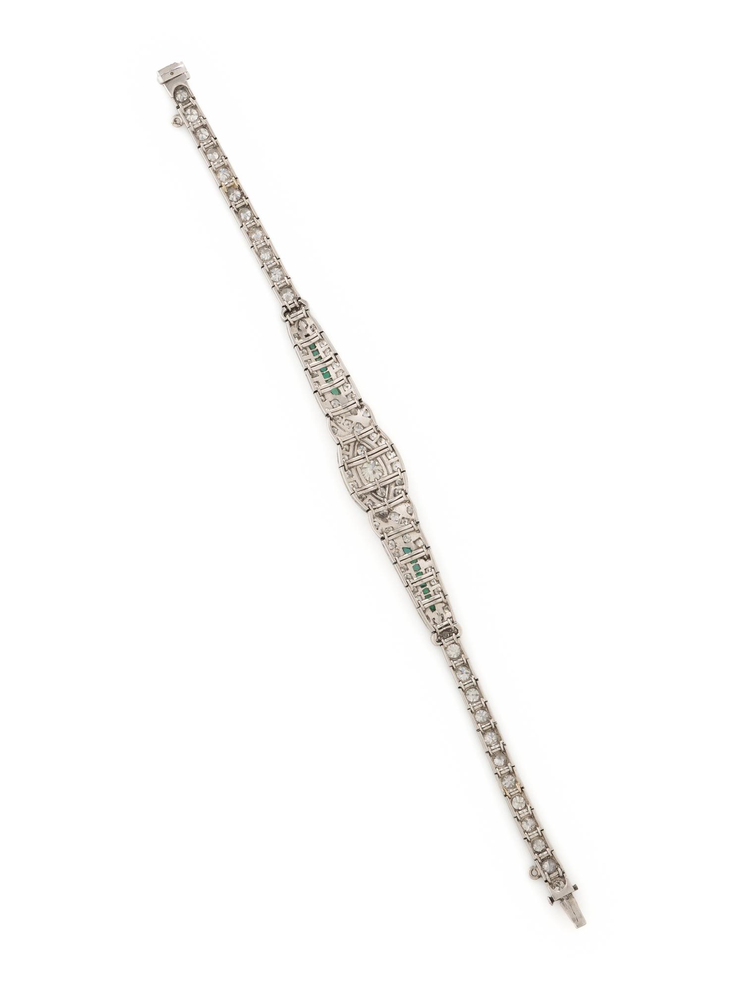 ART DECO, DIAMOND, EMERALD, AND PLATINUM BRACELET