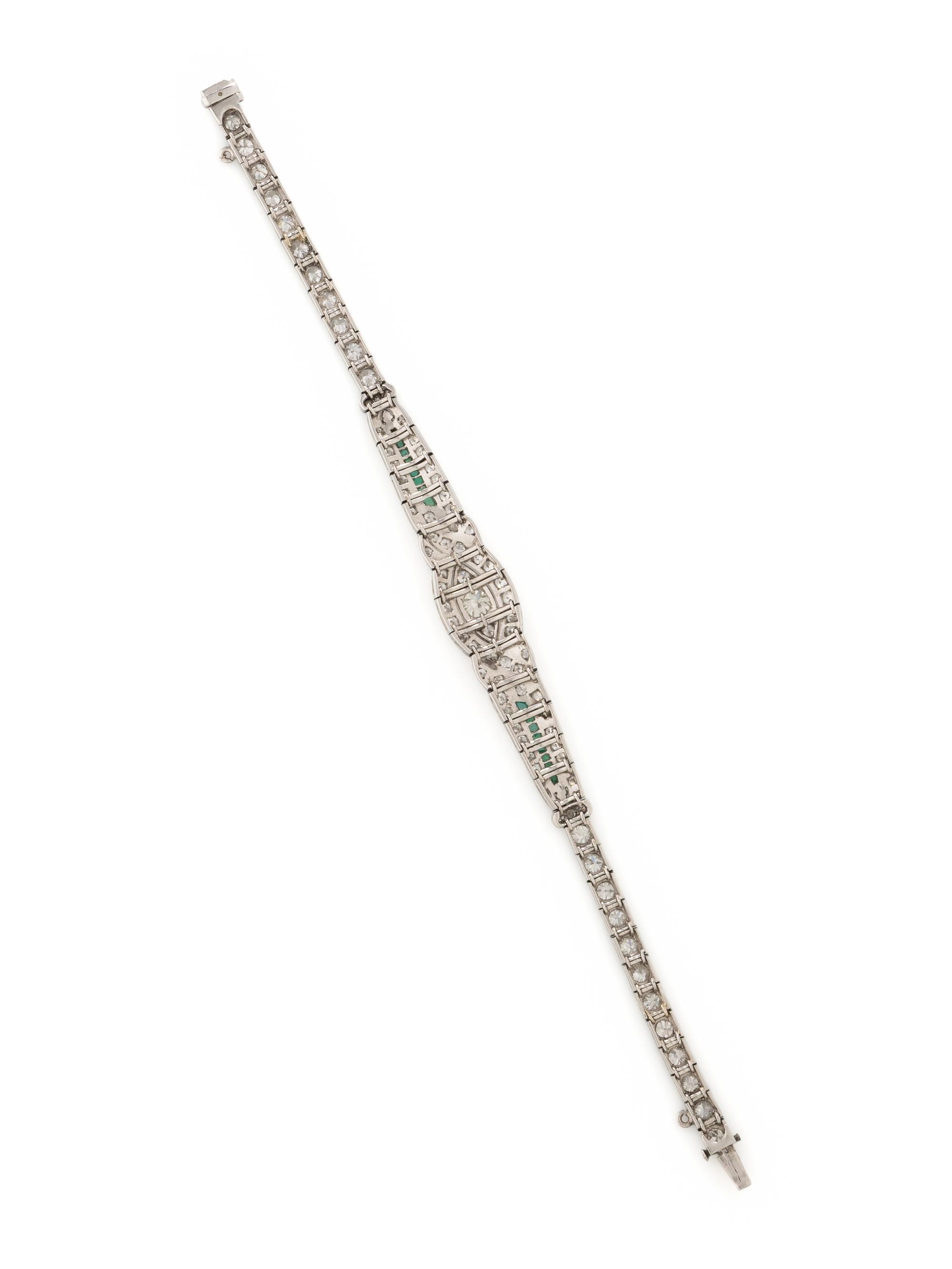 ART DECO, DIAMOND, EMERALD, AND PLATINUM BRACELET