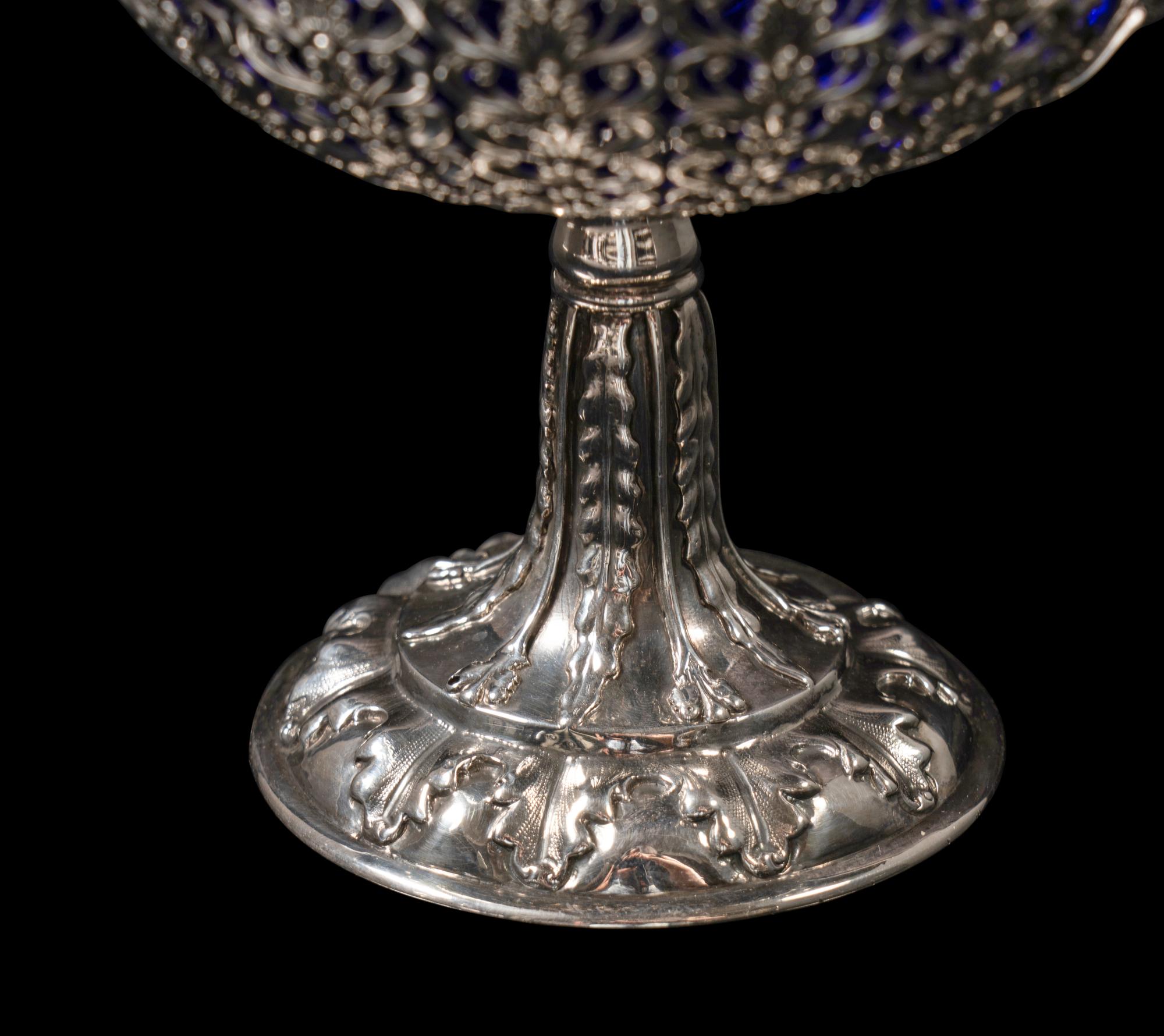 A Victorian Silver Compote with Cobalt Glass Liner