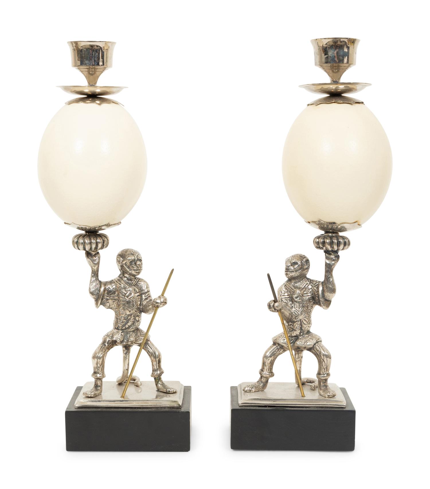A Pair of Anthony Redmile Ostrich Egg and Nickel-Plated Candlesticks