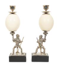 A Pair of Anthony Redmile Ostrich Egg and Nickel-Plated Candlesticks