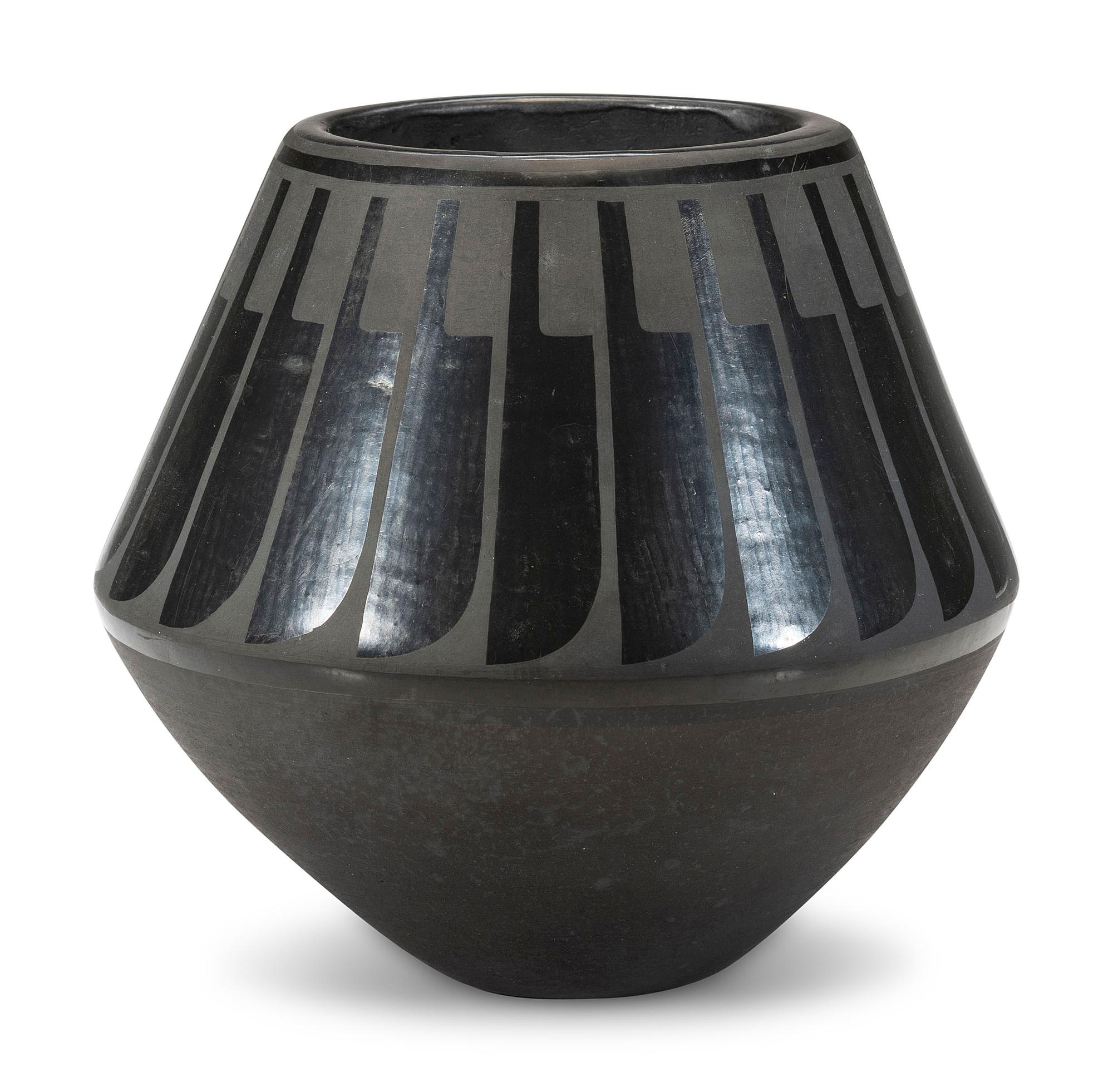 Blackware Pottery Jar, with Repeating Feathers