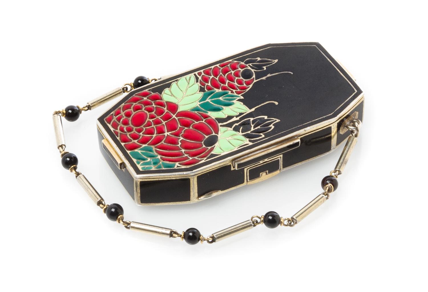 A French Enameled Silver Compact, Auguste Peyroula, Paris, early 20th century, of rectangular form with canted corners, the exterior ha