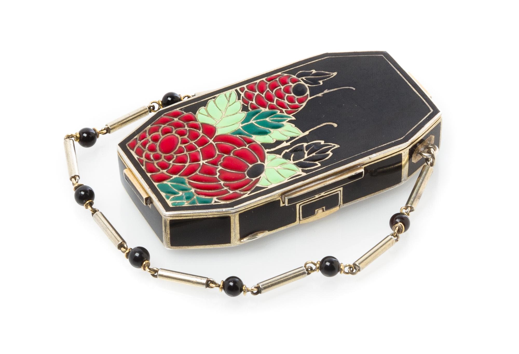 A French Enameled Silver Compact, Auguste Peyroula, Paris, early 20th century, of rectangular form with canted corners, the exterior ha