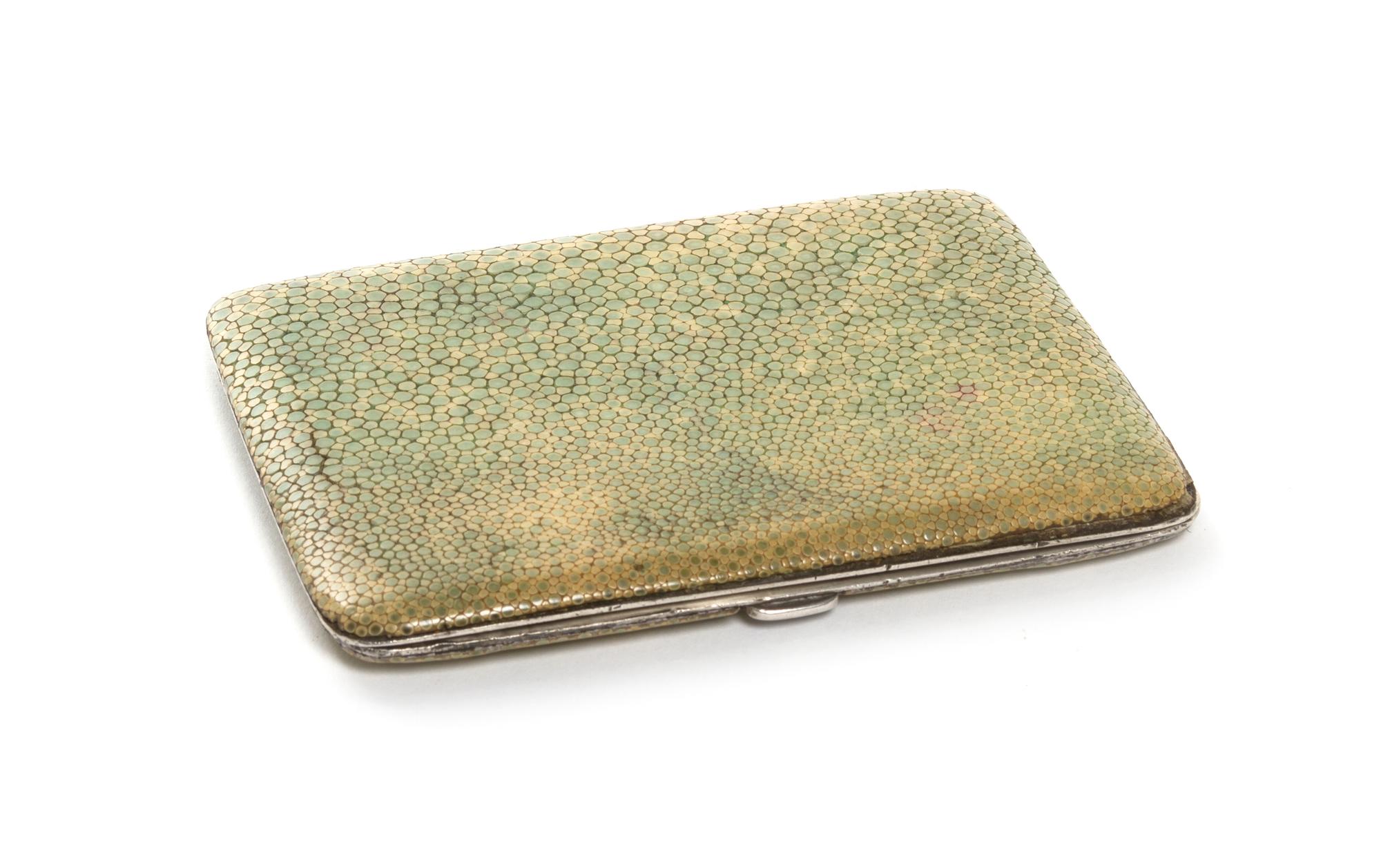 An English Shagreen Mounted Silver Cigarette Case, Adolph Scott, Width 4 1/2 inches.