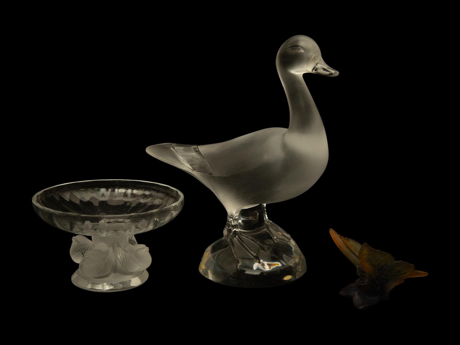 Two Lalique Table Articles and a Daum Butterfly Figurine