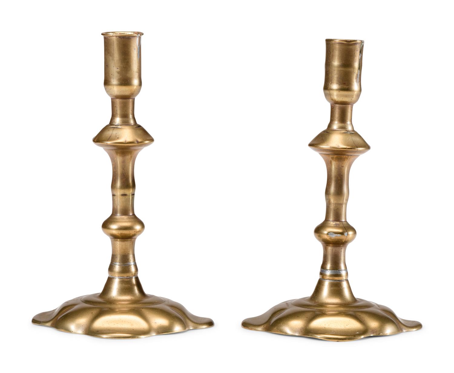 A Pair of English Brass Scalloped-Foot Candlesticks