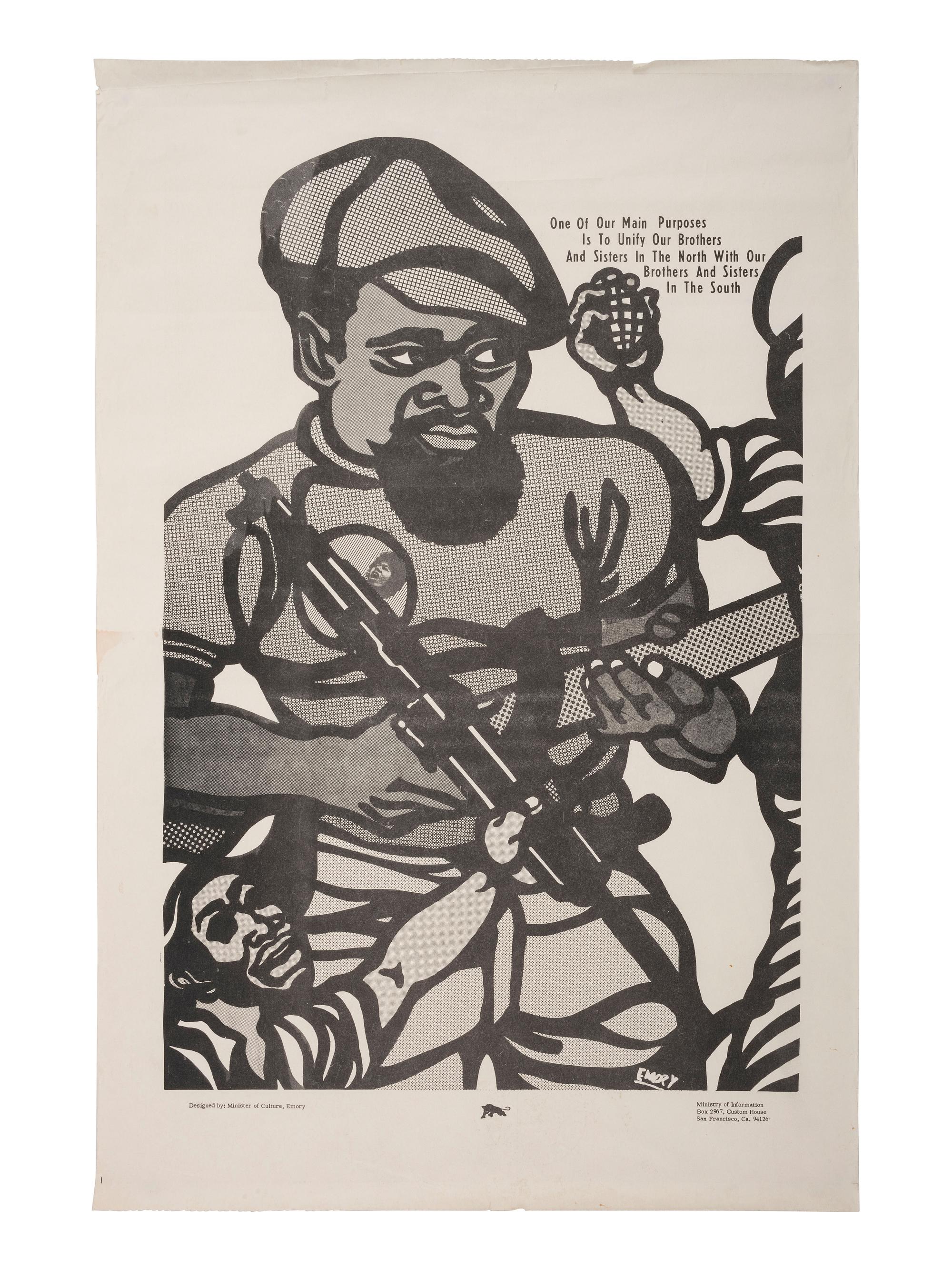 [BLACK PANTHER PARTY]. DOUGLAS, Emory (b. 1943), artist. One of Our Main Purposes is to Unify Our Brothers and Sisters in the North with Our Brothers and Sisters in the South . San Francisco, CA: [Black Panther Party], ca 1969.