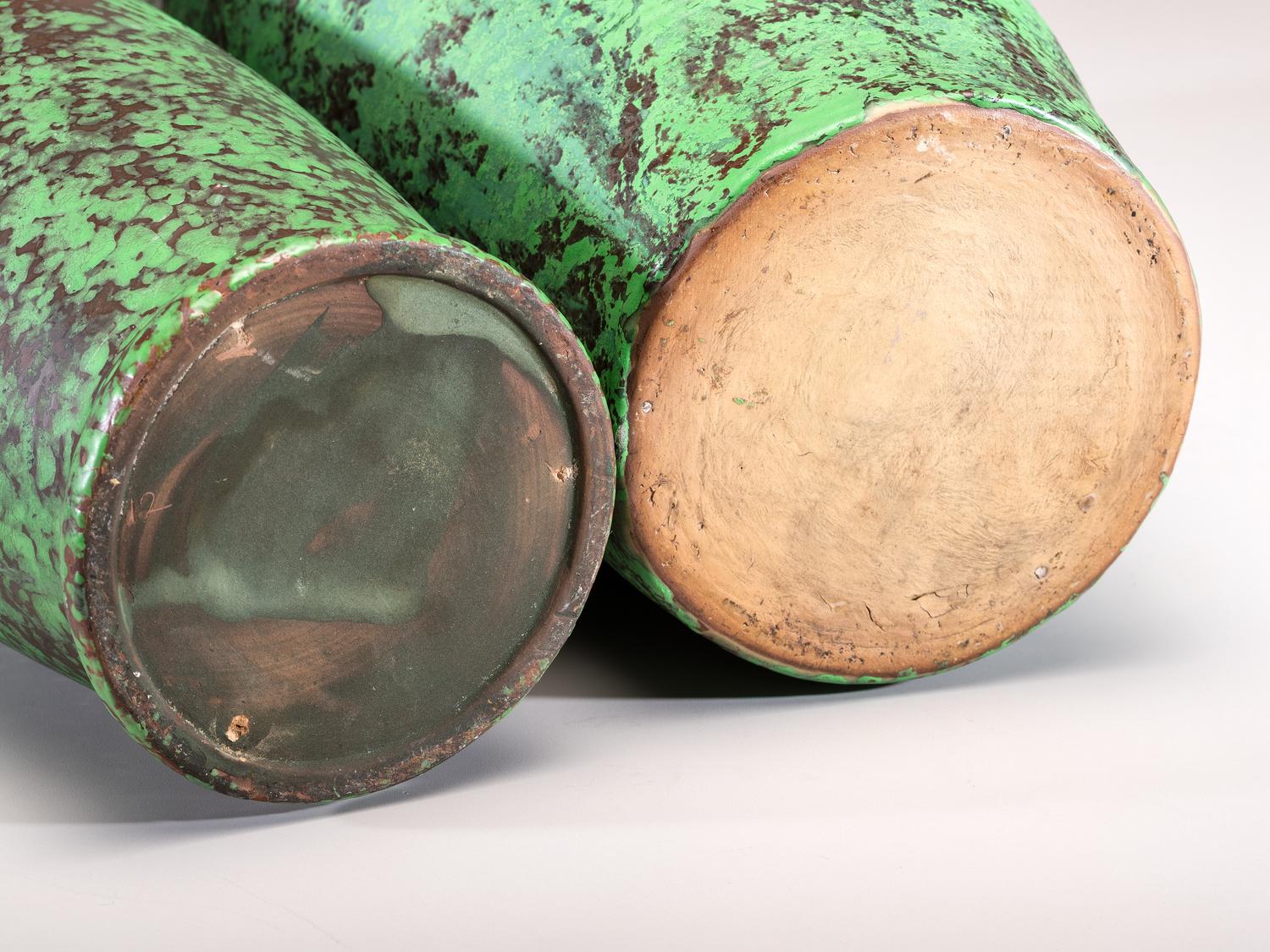 Two Coppertone Monumental Two-Handled Floor Vases