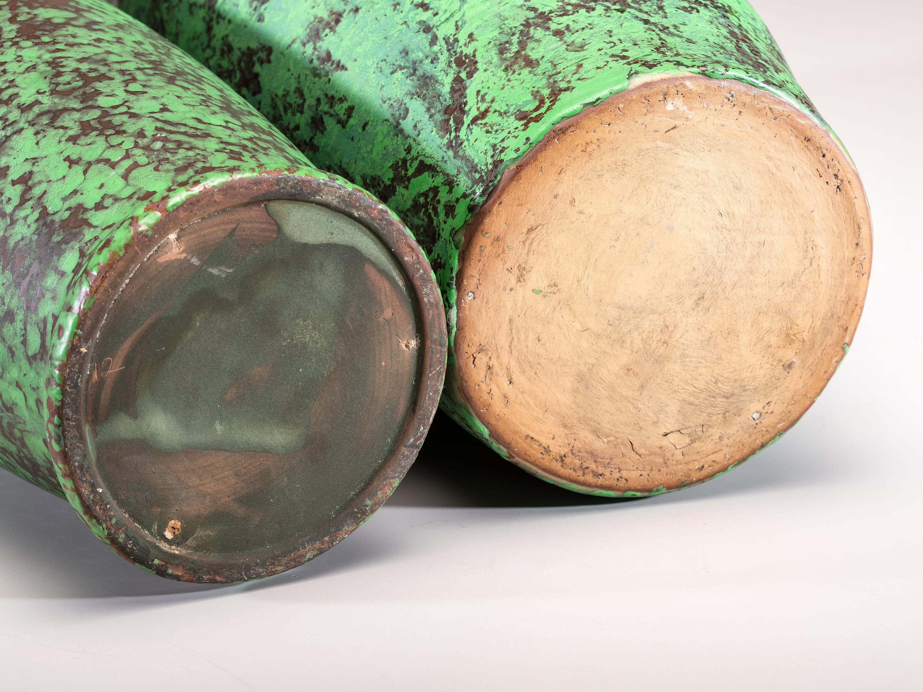 Two Coppertone Monumental Two-Handled Floor Vases