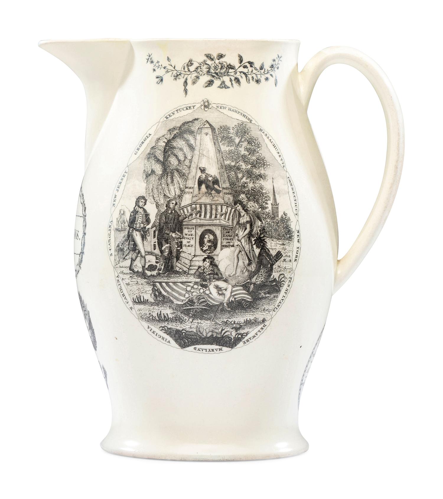 A Liverpool Transfer-Printed Creamware 'Peace, Plenty, and Independence / George Washington' Pitcher