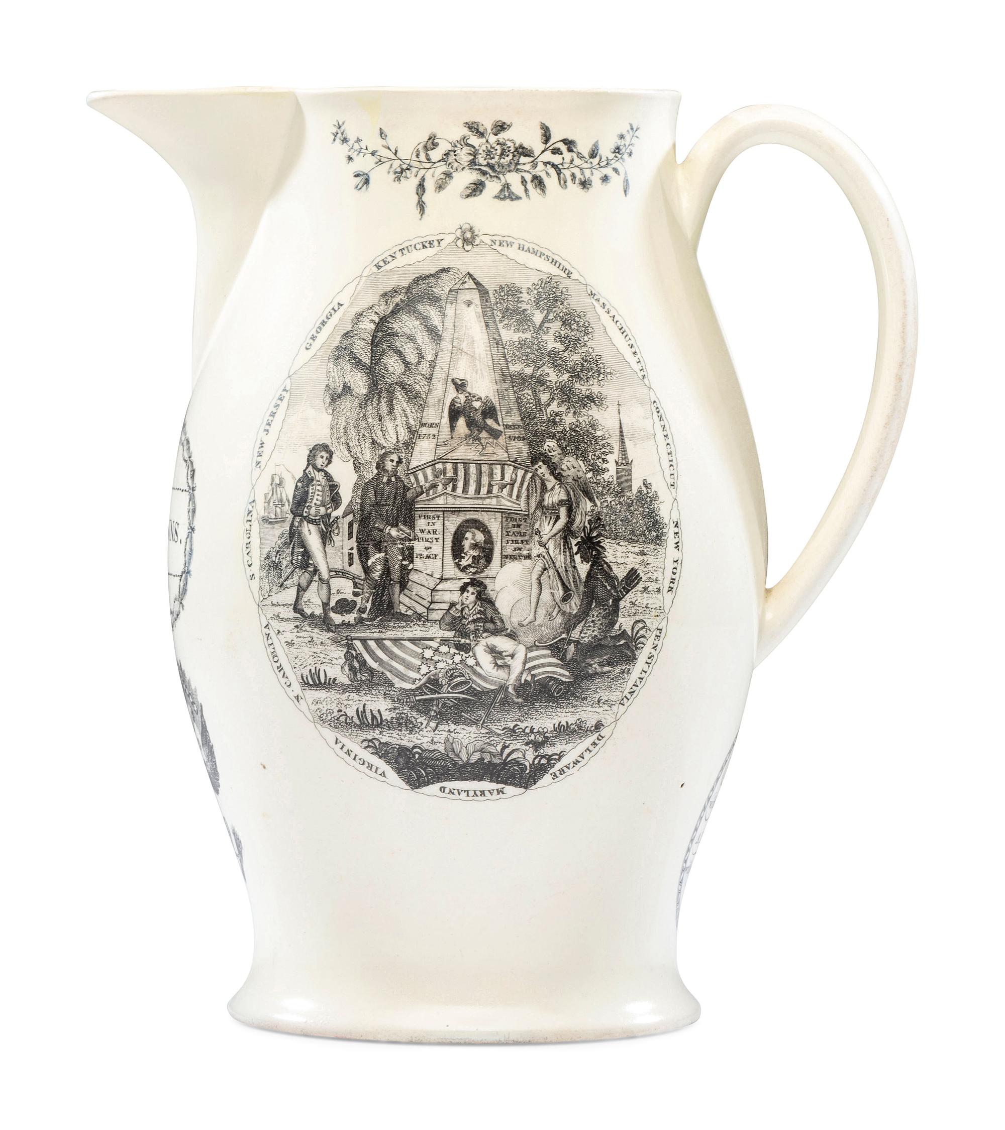 A Liverpool Transfer-Printed Creamware 'Peace, Plenty, and Independence / George Washington' Pitcher