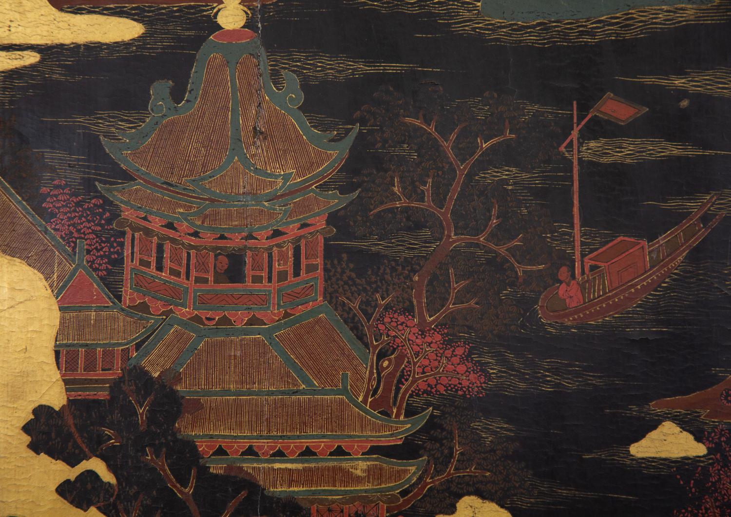A Pair of Chinese Polychrome-Decorated Lacquered Wall Panels