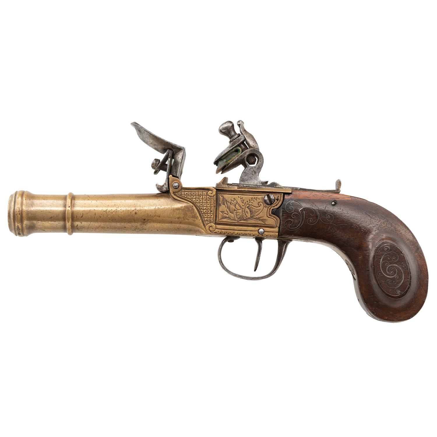 Continental Box Lock Flint Brass Cannon Barrel Pocket Pistol