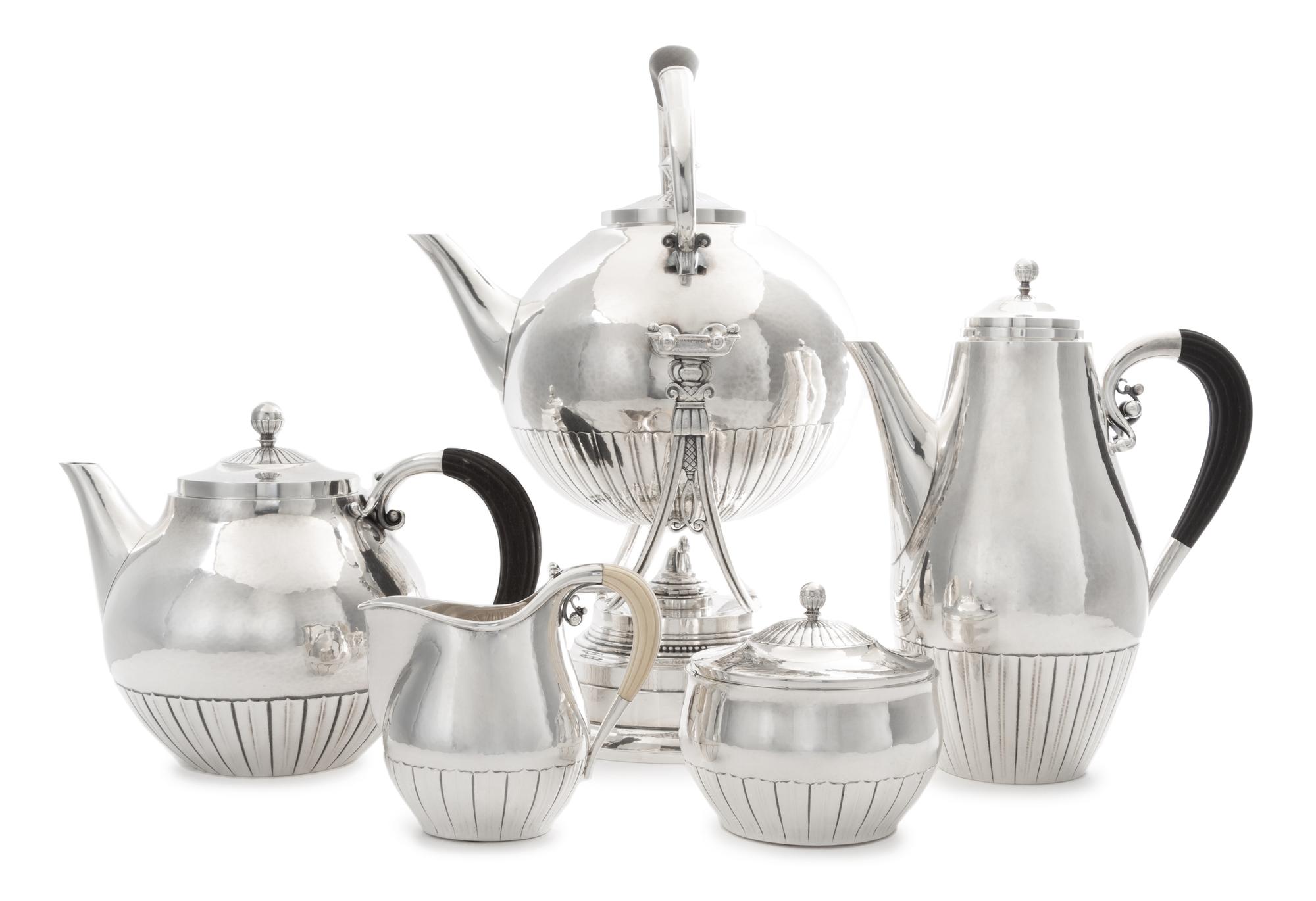 A Danish Silver Tea and Coffee Service, Georg Jensen Silversmithy, Copenhagen, Second Half 20th Century, Cosmos pattern, comprising a h