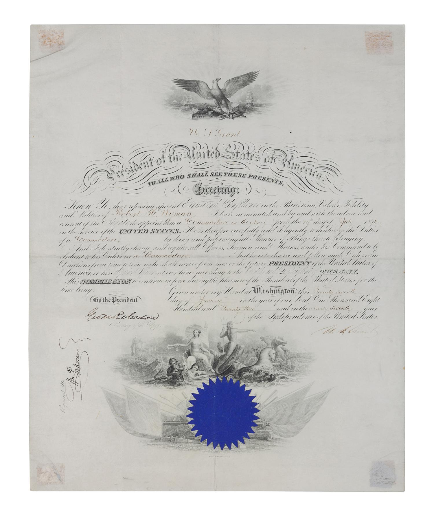 GRANT, Ulysses S. (1822-1885). Engraved document signed as President (“U. S. Grant”), countersigned by George M. Robeson, Secretary of the Navy, 27 January 1873.
