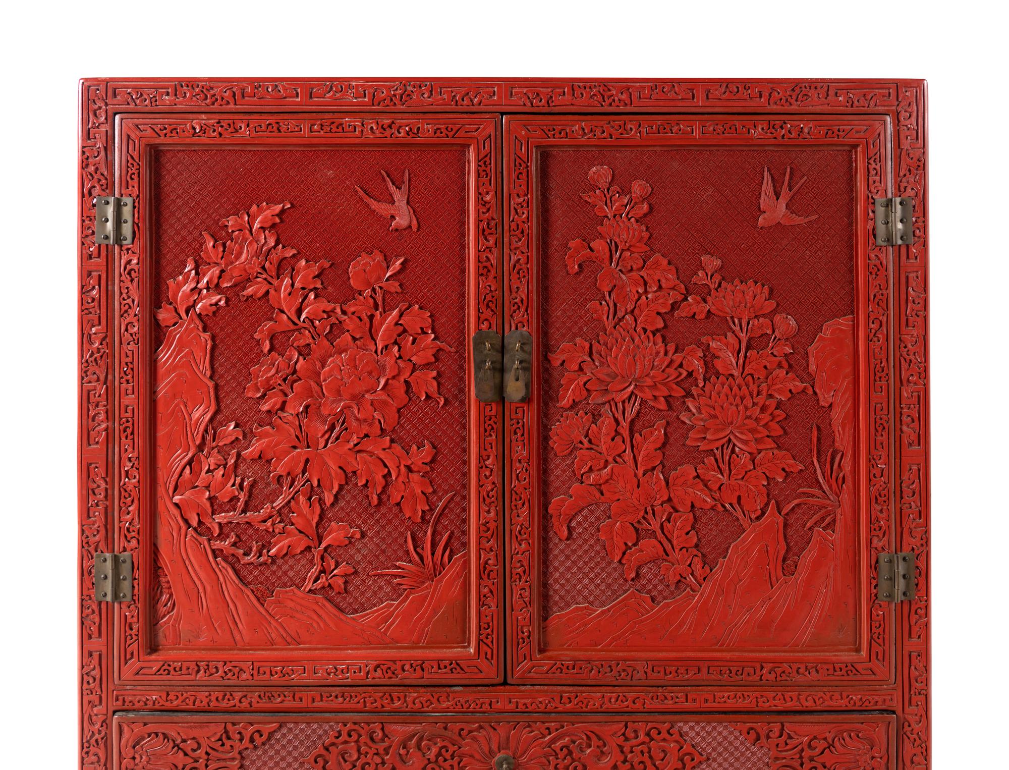 A Large Chinese Cinnabar Lacquer Chest on Stand