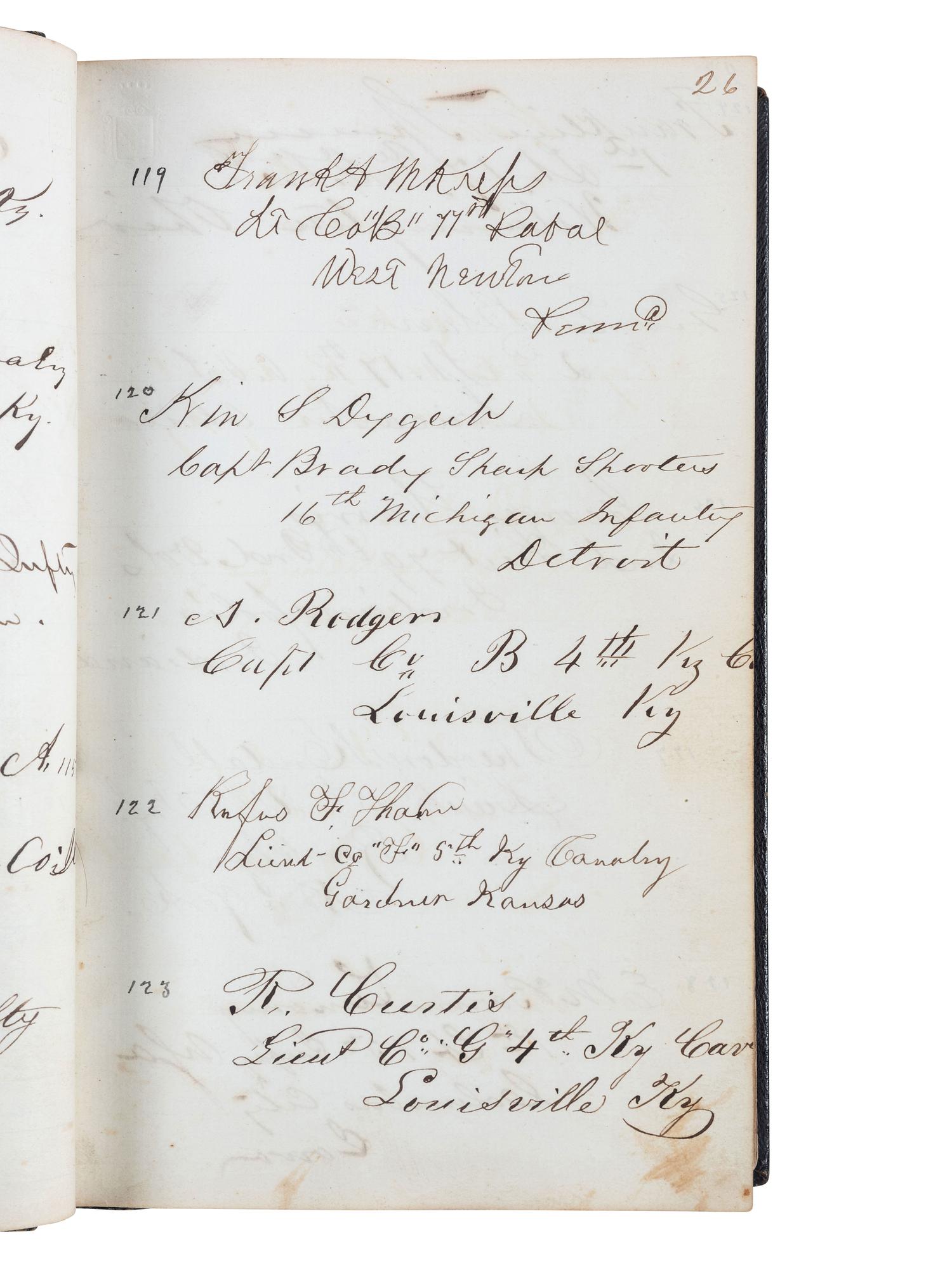 [CIVIL WAR]. Union POW autograph album signed by officers confined at Libby Prison and Bible identified to Capt. Alonzo Martin Keeler, 22nd Michigan Infantry.