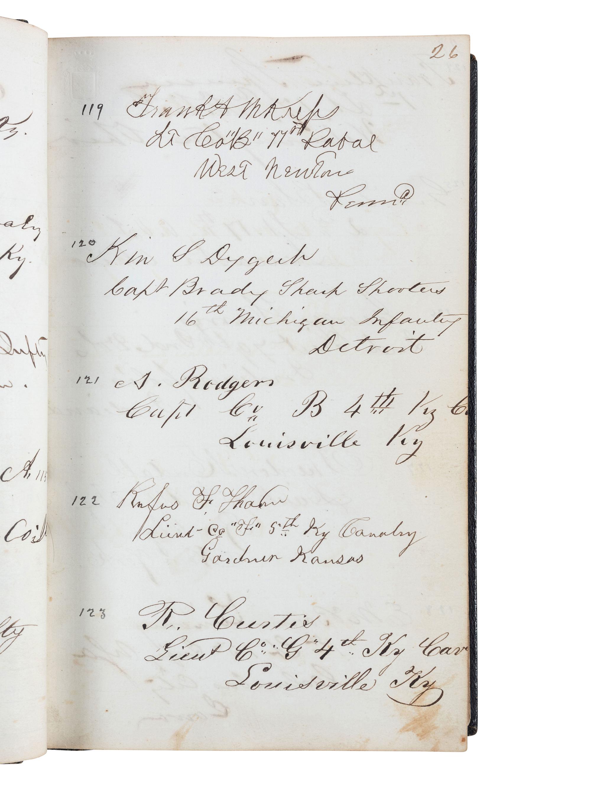 [CIVIL WAR]. Union POW autograph album signed by officers confined at Libby Prison and Bible identified to Capt. Alonzo Martin Keeler, 22nd Michigan Infantry.