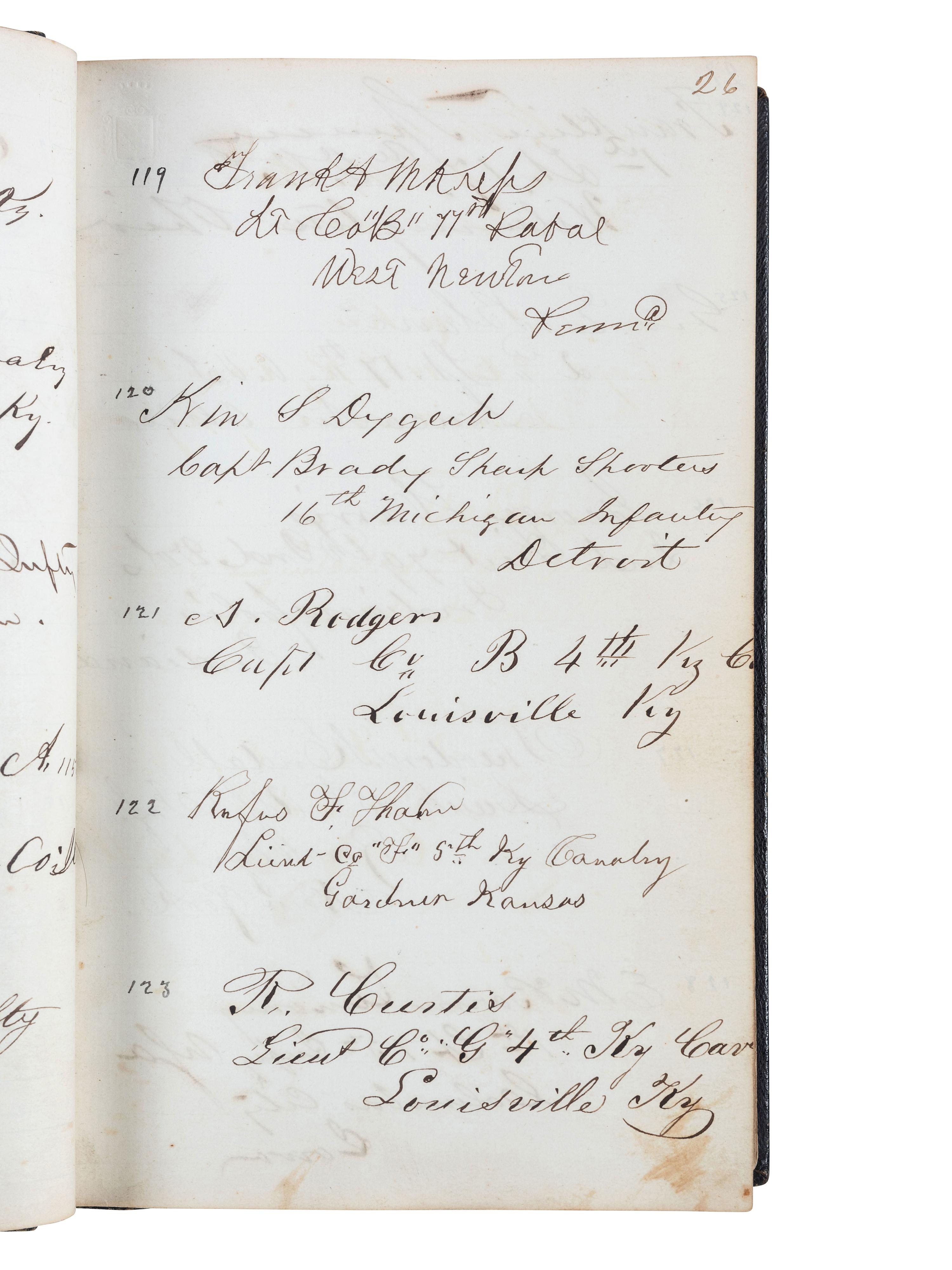[CIVIL WAR]. Union POW autograph album signed by officers confined at Libby Prison and Bible identified to Capt. Alonzo Martin Keeler, 22nd Michigan Infantry.