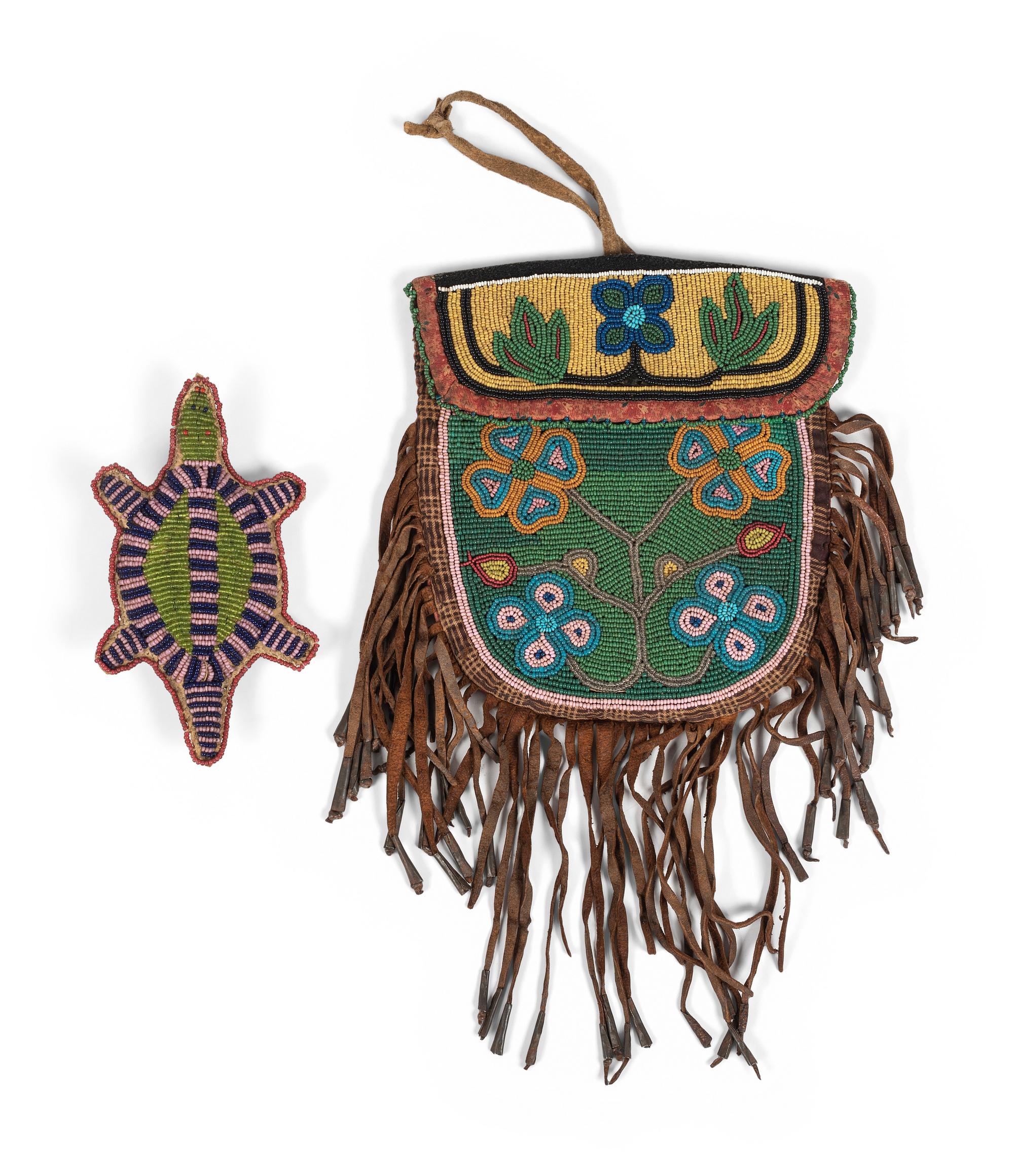 Northern Plains Beaded Hide Umbilical Fetish AND Plains Cree Beaded Bag