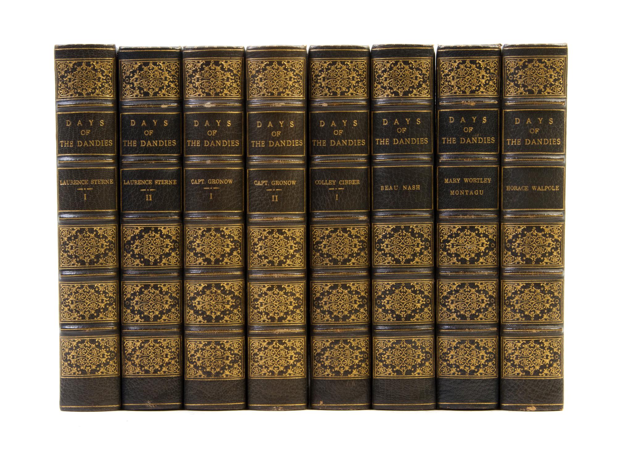 (BINDINGS) A group of eight books uniformly bound in blue-green morocco from the Days of the Dandies series. London, n.d. Imperial ed.