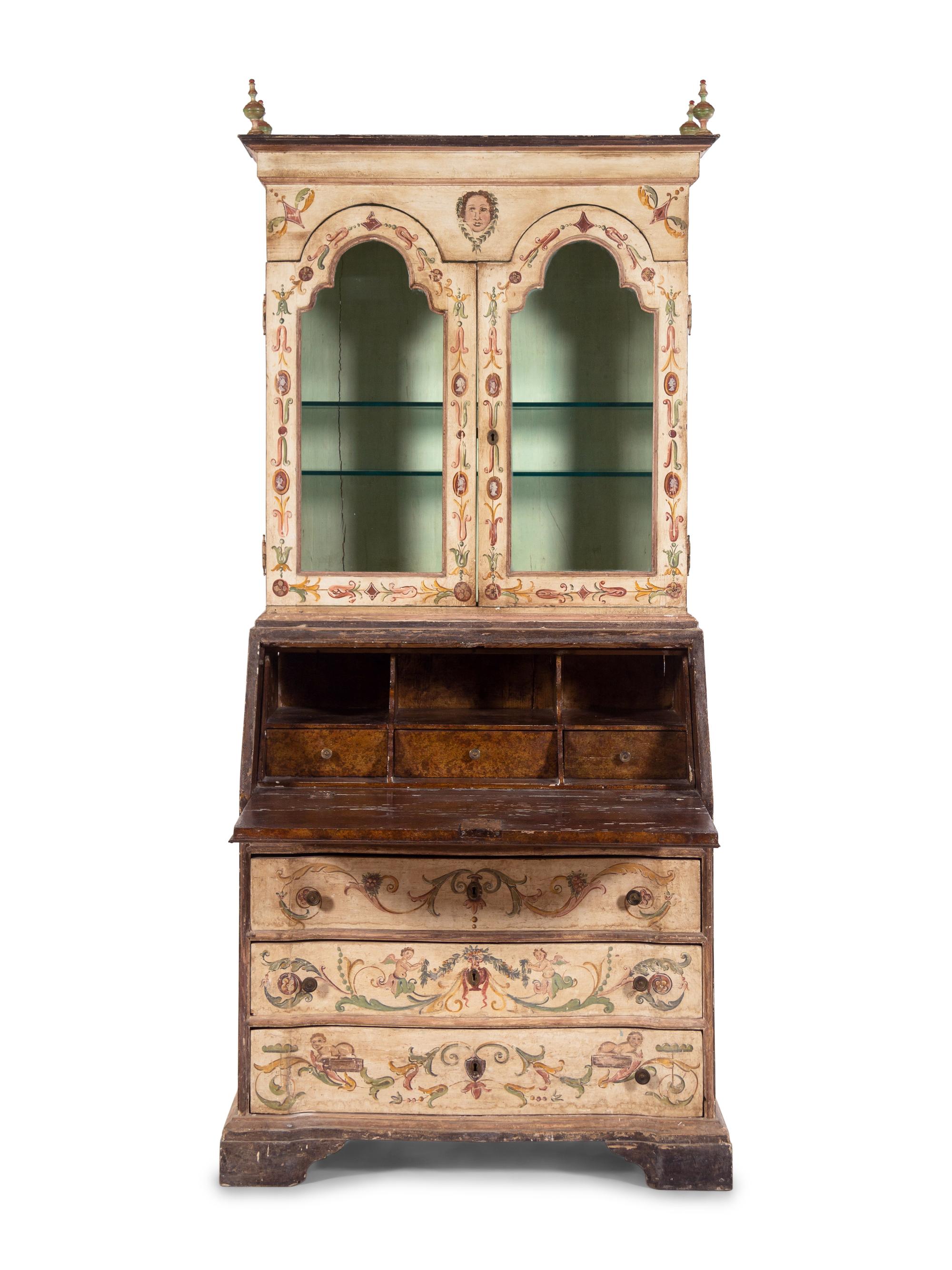 An Italian Painted Slant-Front Secretary Bookcase