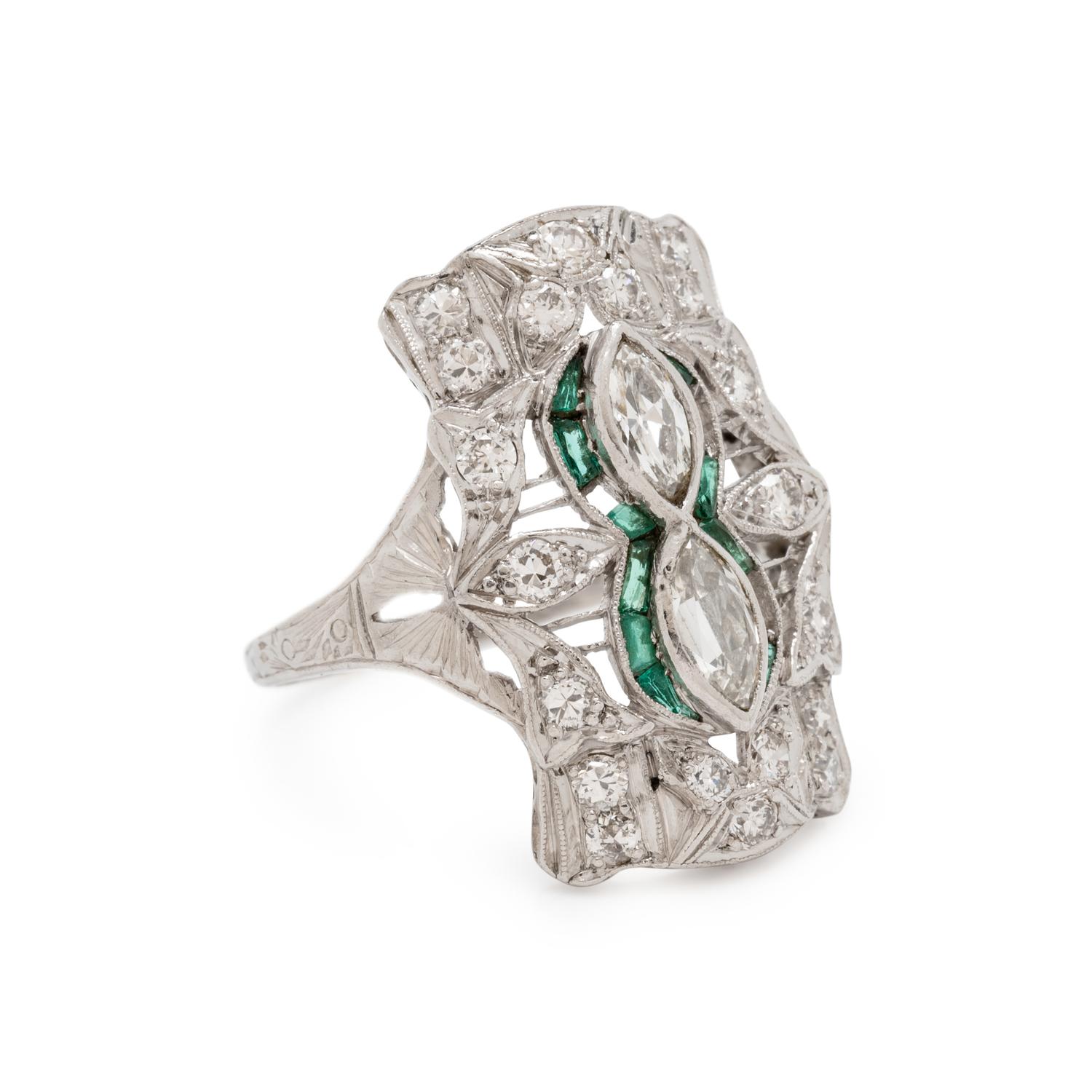 PLATINUM, DIAMOND AND EMERALD RING