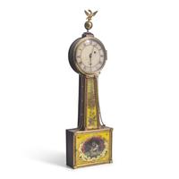 A Classical Parcel-Gilt, Brass-Mounted and Eglomise-Panel Inset Banjo Clock