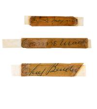 A Group of Hall of Fame Baseball Signed Cuts (Chief Bender, Joe DiMaggio, Connie Mack)