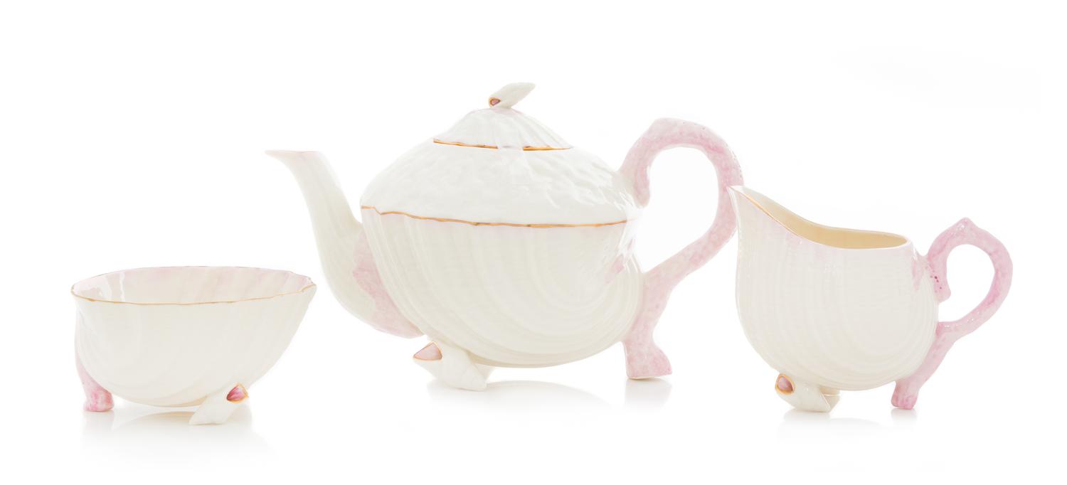 A Belleek Neptune Tea Service Width of teapot 10 inches. — BELLEEK IN 2001 RETROSPECT MARK