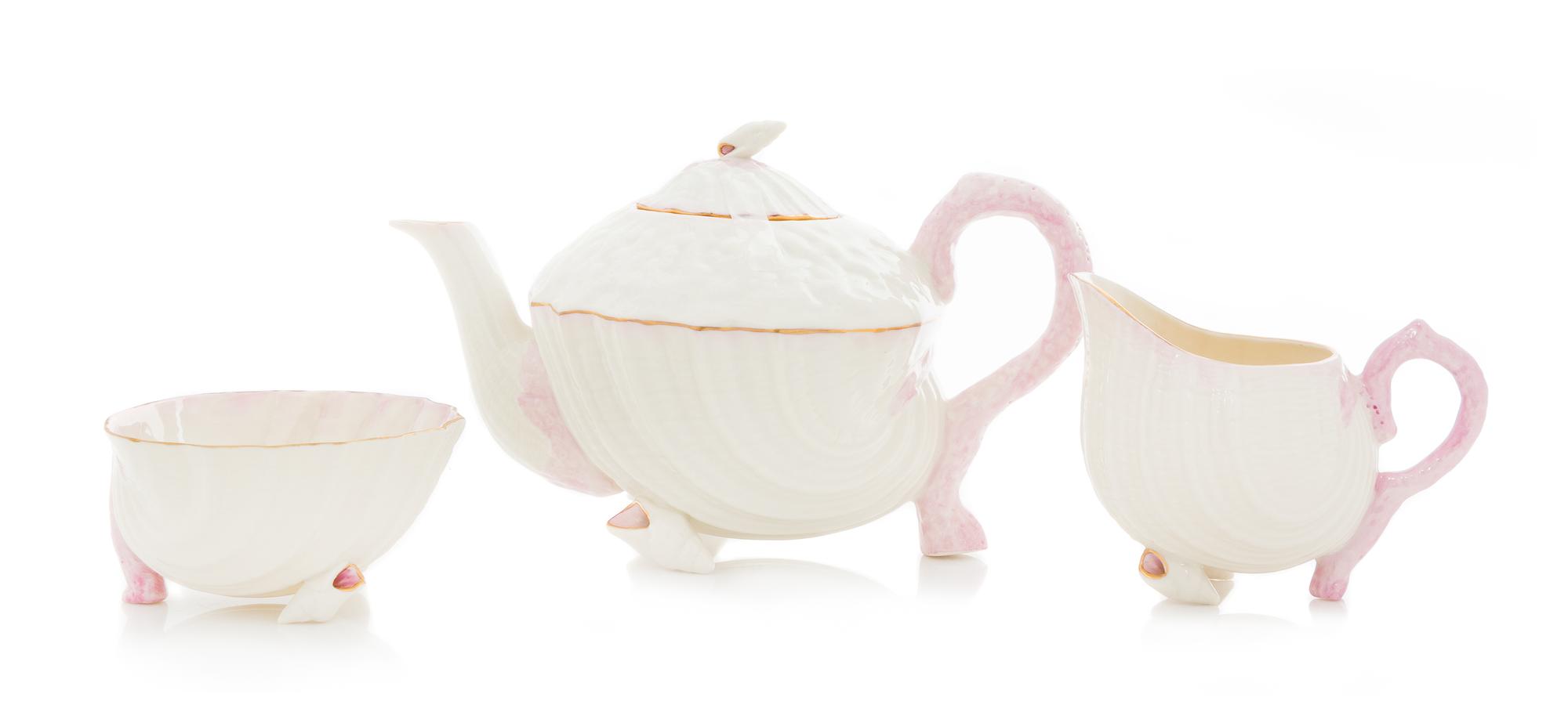 A Belleek Neptune Tea Service Width of teapot 10 inches. — BELLEEK IN 2001 RETROSPECT MARK
