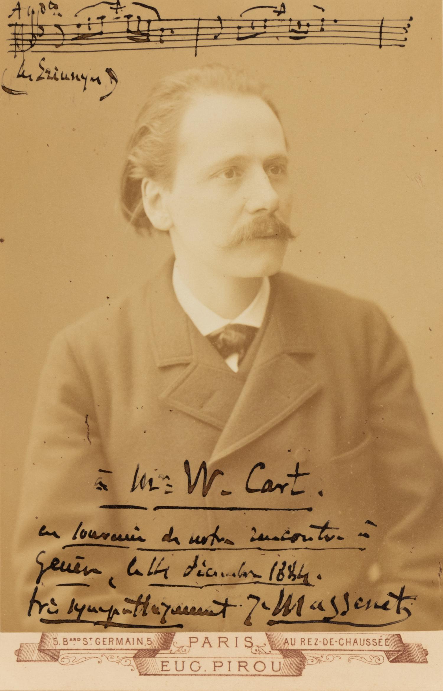 MASSENET, Jules (1842-1912). Autograph musical quotation signed (“J. Massenet”) on upper margin of cabinet photograph, to Mr. W. Cart, December 1884.