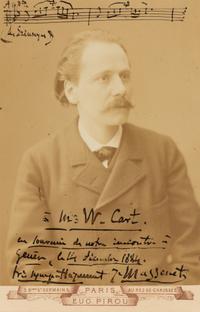 MASSENET, Jules (1842-1912). Autograph musical quotation signed (“J. Massenet”) on upper margin of cabinet photograph, to Mr. W. Cart, December 1884.