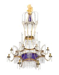 A Swedish Neoclassical Gilt Bronze, Cobalt and Colorless Glass Chandelier