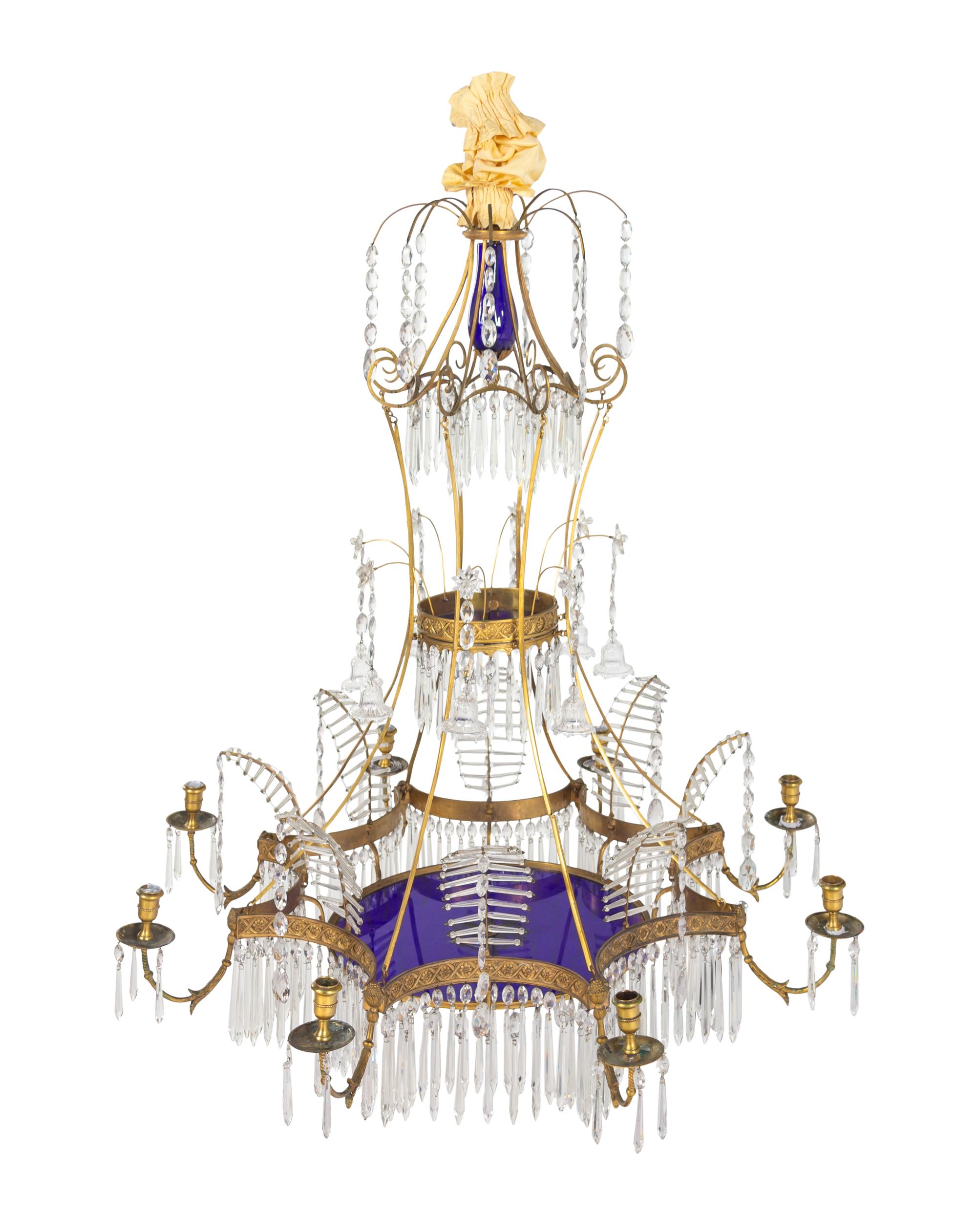 A Swedish Neoclassical Gilt Bronze, Cobalt and Colorless Glass Chandelier