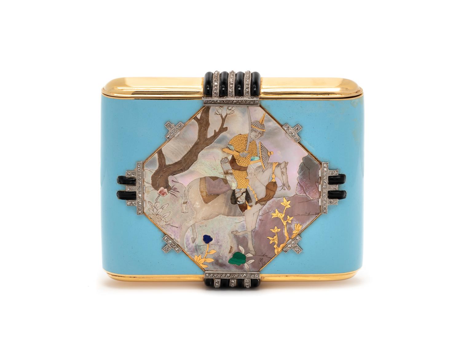 A Vladimir Makovsky Decorated Art Deco Gold and Diamond, Platinum, Mother of Pearl and Hardstone-Mounted Enameled Cigarette Case