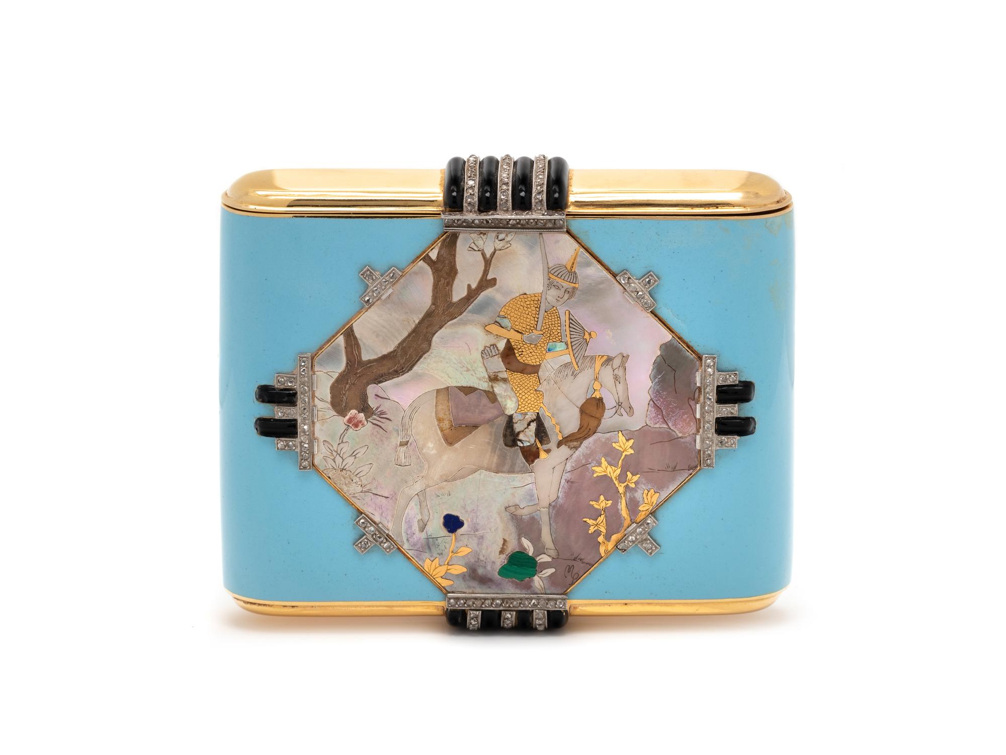 A Vladimir Makovsky Decorated Art Deco Gold and Diamond, Platinum, Mother of Pearl and Hardstone-Mounted Enameled Cigarette Case