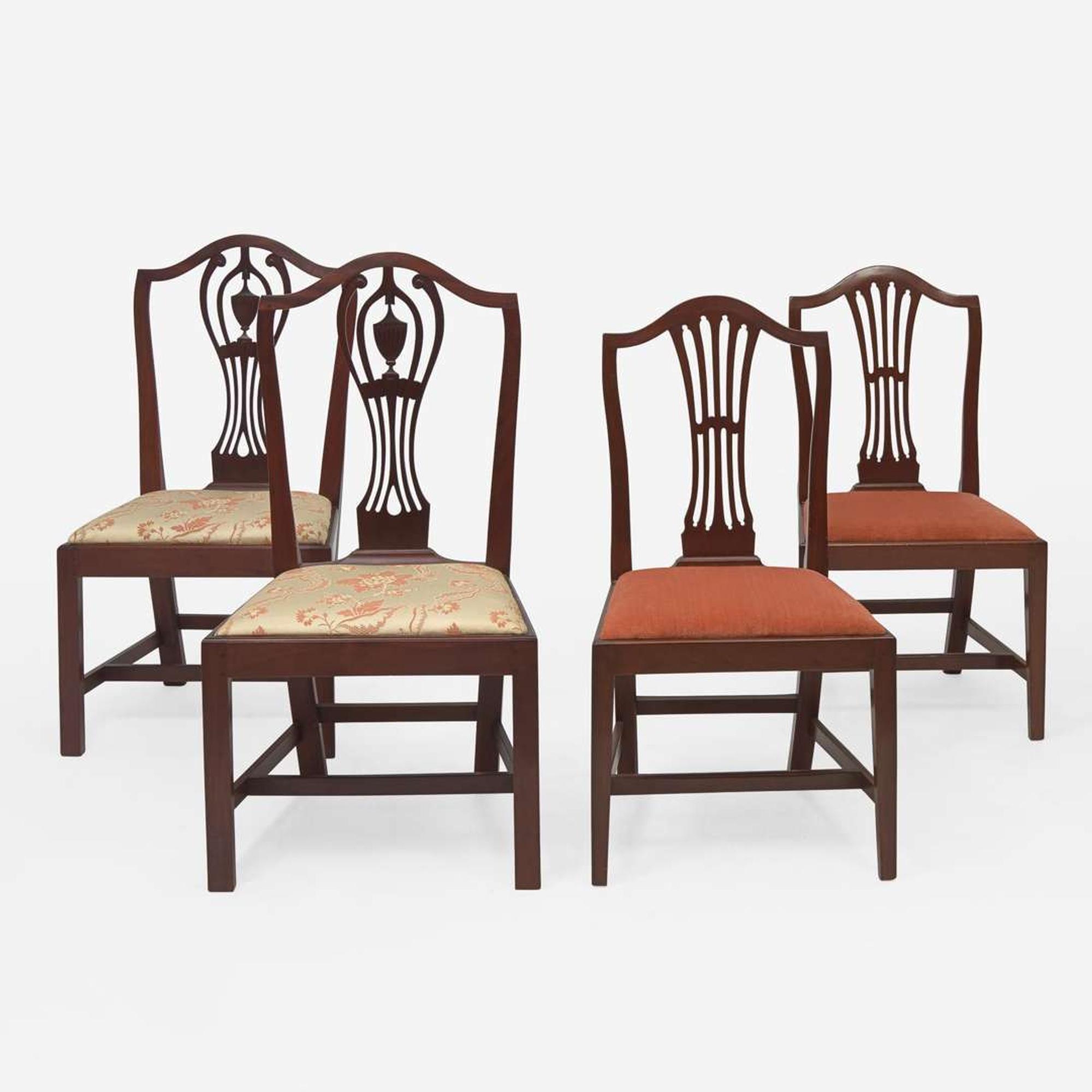 An assembled group of four Federal carved mahogany side chairs New England and other, circa 1795
