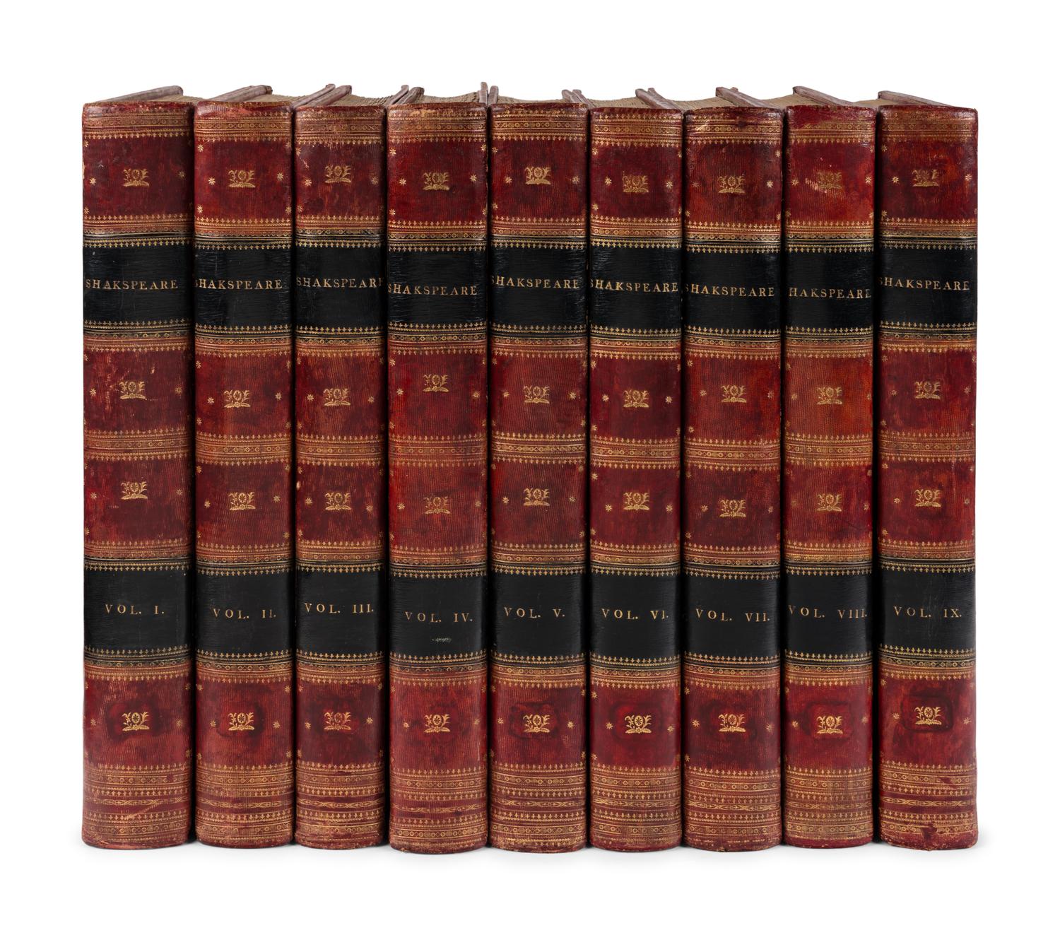 SHAKESPEARE, William (1564-1616). The Dramatic Works... revised by George Steevens . London: W. Bulmer and Co., Shakespeare Printing-Office, for John and Josiah Boydell, George and W. Nicol, from the types of W. Martin, 1802.