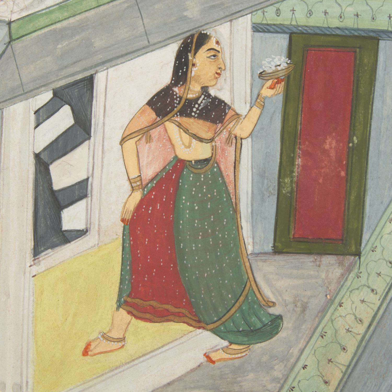 A Painting of Radha and Krishna Standing on a Projecting Balcony and A Painting of Radha and Krishna Seated Under a Dome, Probably Udaipur or Jaipur, India, 20th Century