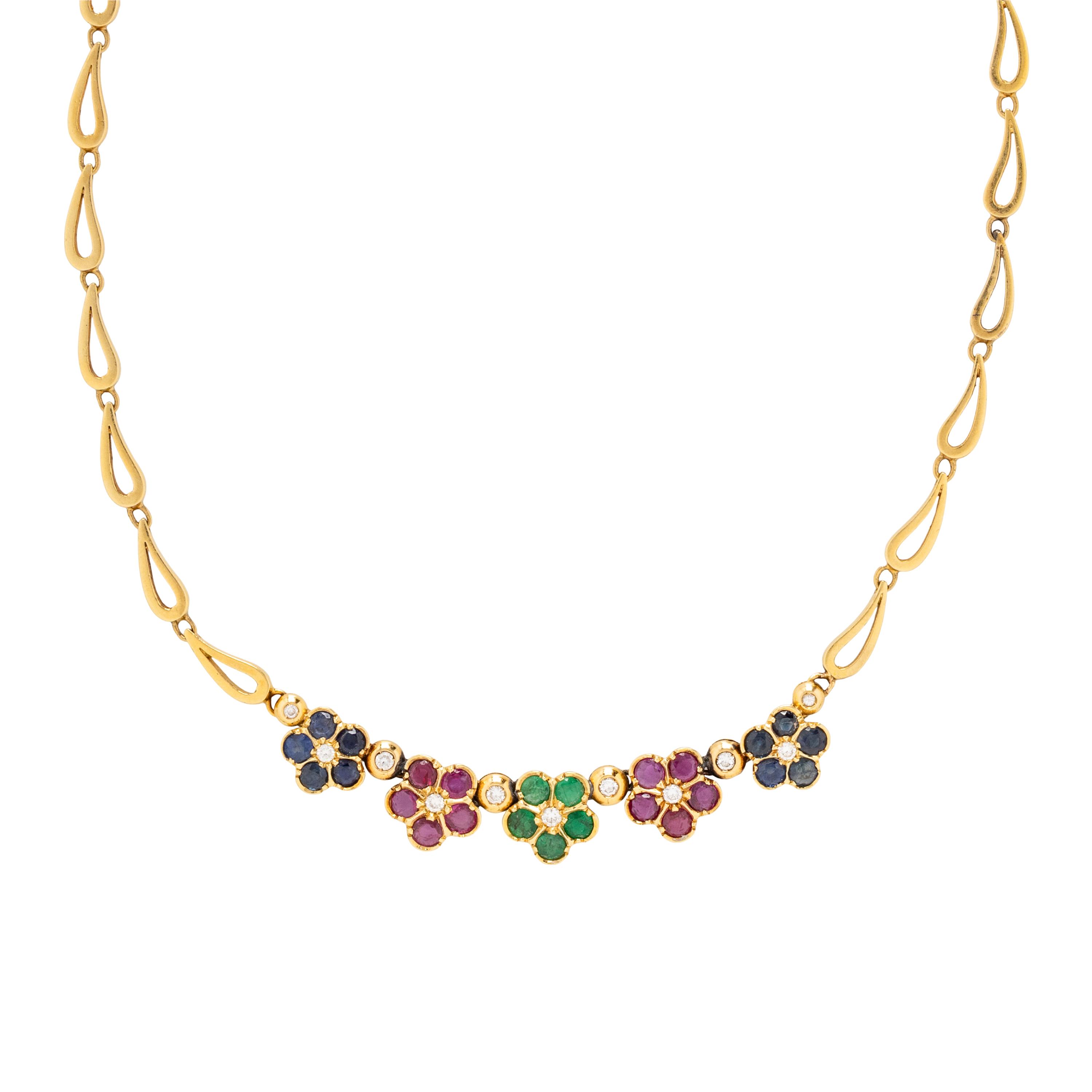 VAN CLEEF & ARPELS, MULTIGEM AND YELLOW GOLD FLOWER NECKLACE