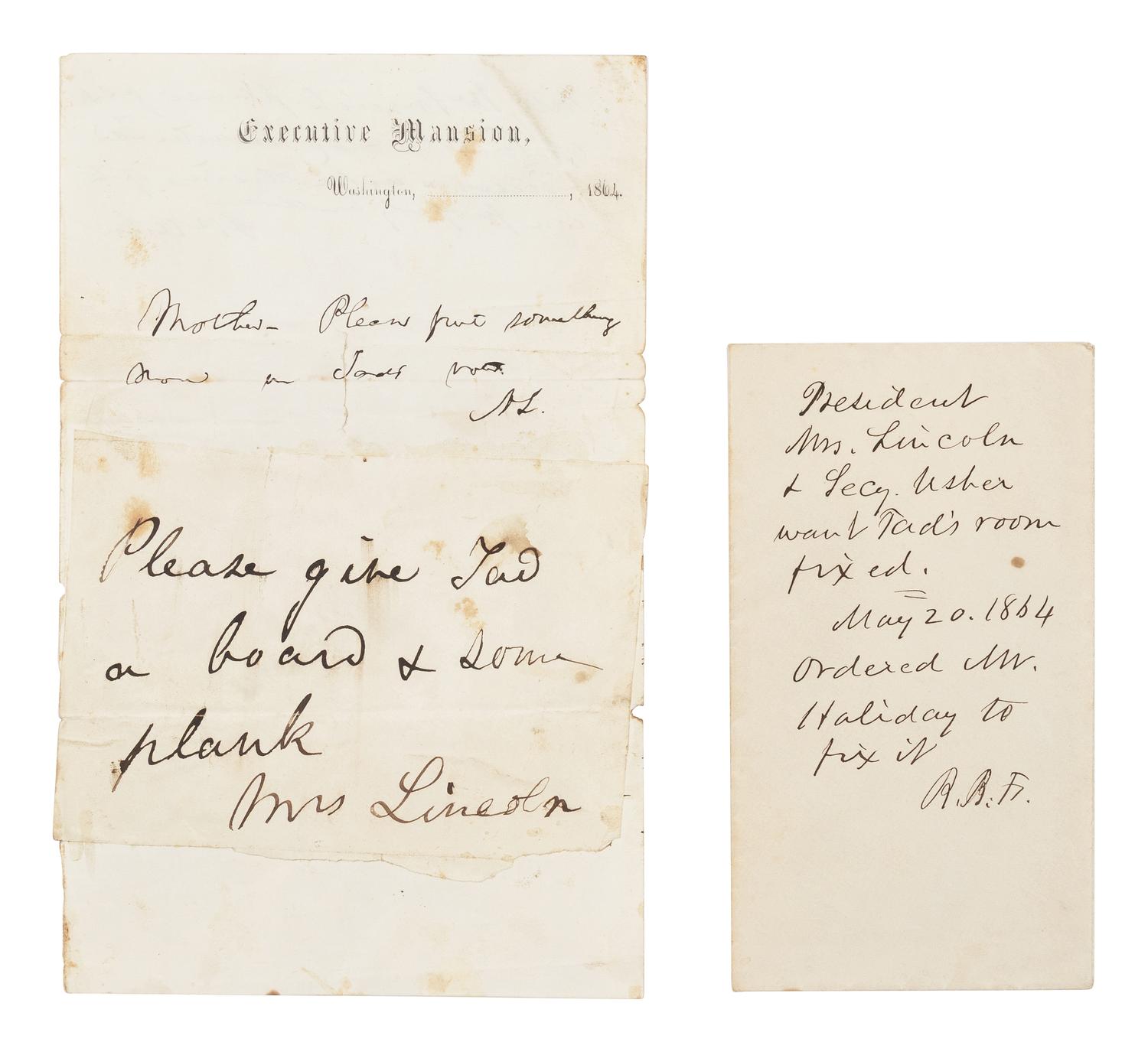 LINCOLN, Abraham (1809-1865). Autograph note initialed ("AL") as president to Mary Todd Lincoln with her autograph note signed ("Mrs Lincoln") affixed to same. Washington, D.C., [ca. 20 May] 1864.