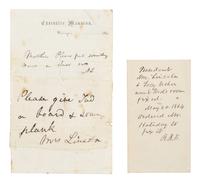 LINCOLN, Abraham (1809-1865). Autograph note initialed ("AL") as president to Mary Todd Lincoln with her autograph note signed ("Mrs Lincoln") affixed to same. Washington, D.C., [ca. 20 May] 1864.