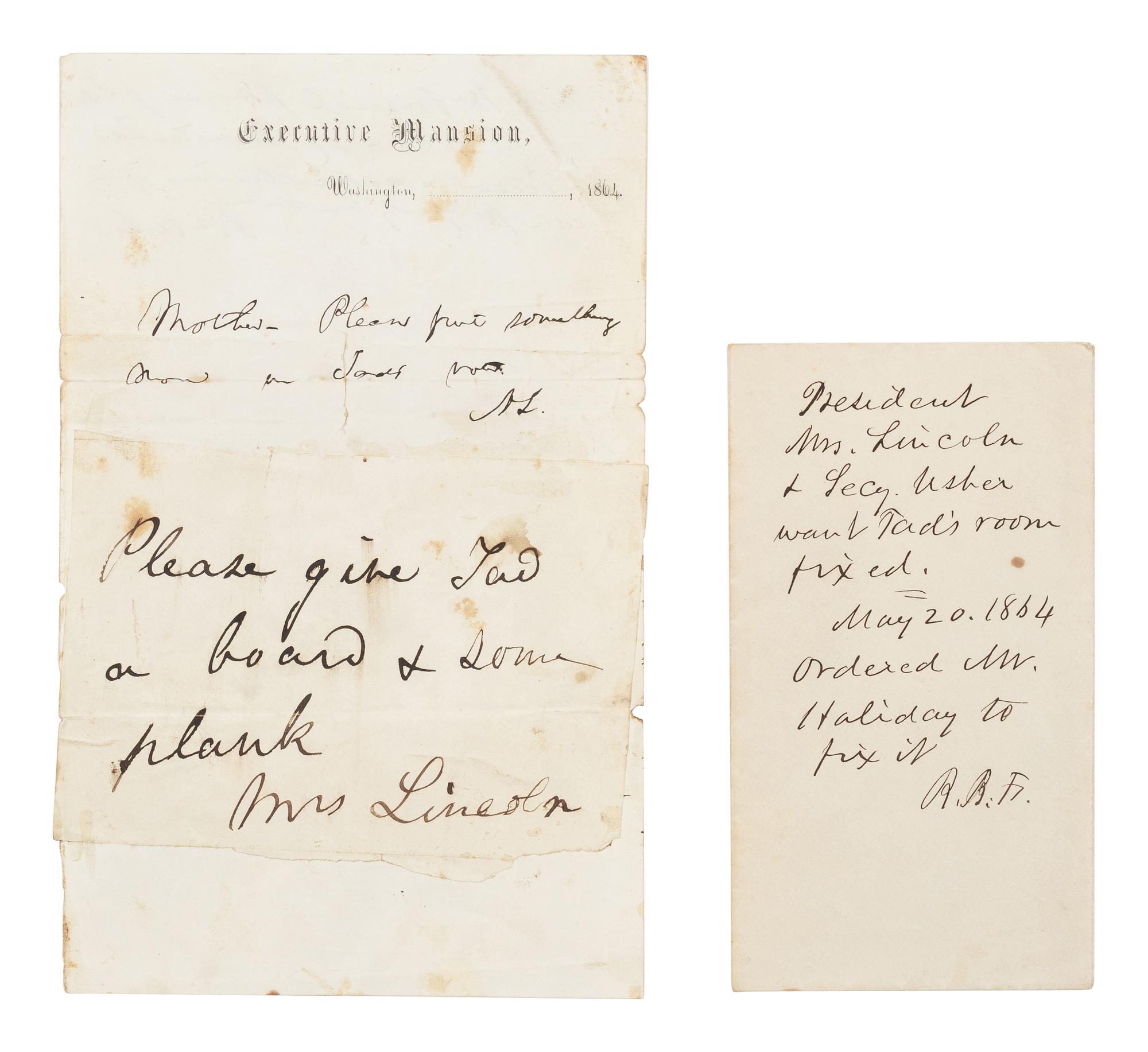 LINCOLN, Abraham (1809-1865). Autograph note initialed ("AL") as president to Mary Todd Lincoln with her autograph note signed ("Mrs Lincoln") affixed to same. Washington, D.C., [ca. 20 May] 1864.