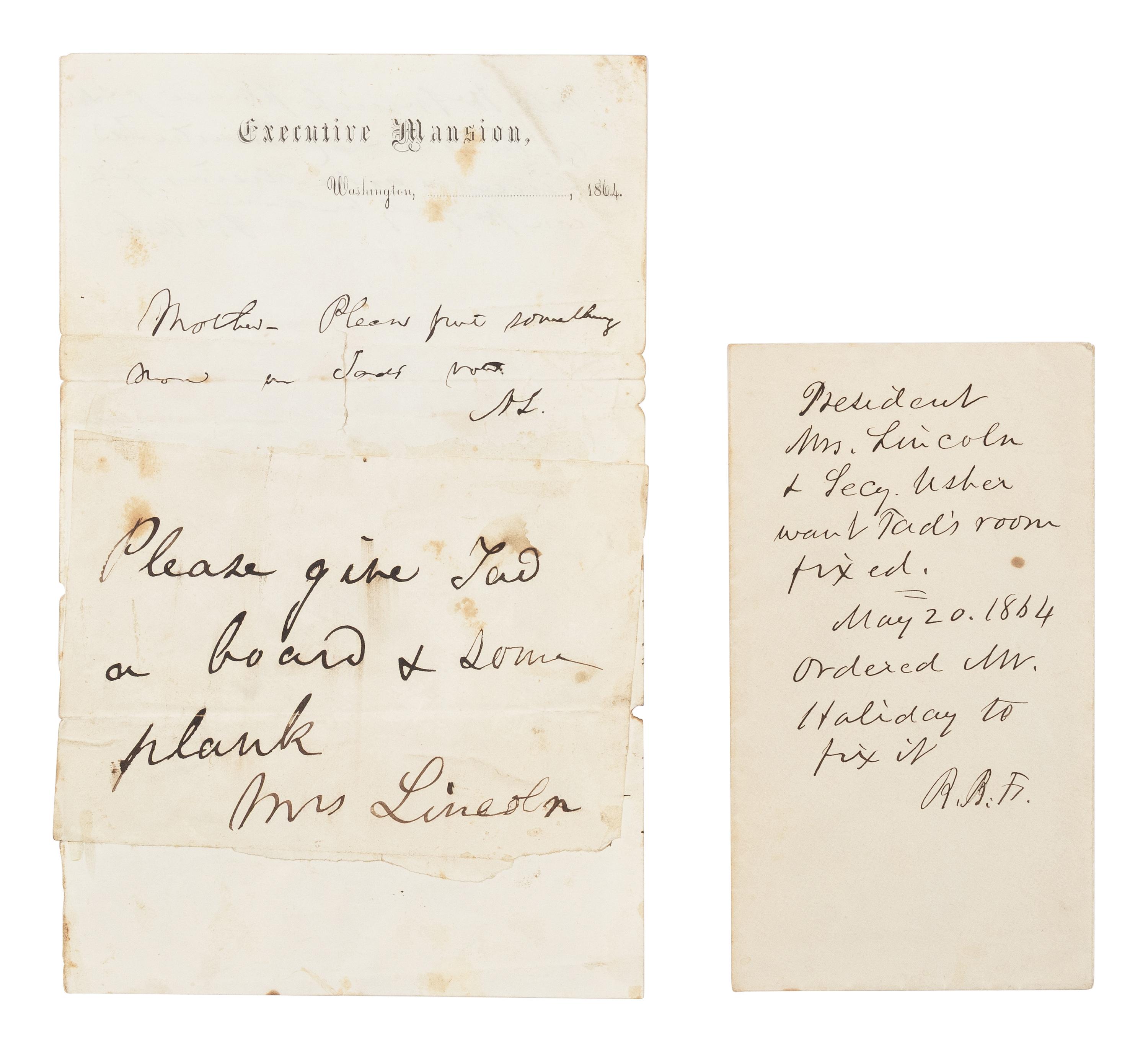 LINCOLN, Abraham (1809-1865). Autograph note initialed ("AL") as president to Mary Todd Lincoln with her autograph note signed ("Mrs Lincoln") affixed to same. Washington, D.C., [ca. 20 May] 1864.
