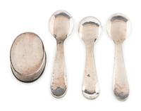 Group of Silver Overlay Salt Spoons AND Pill Bottle