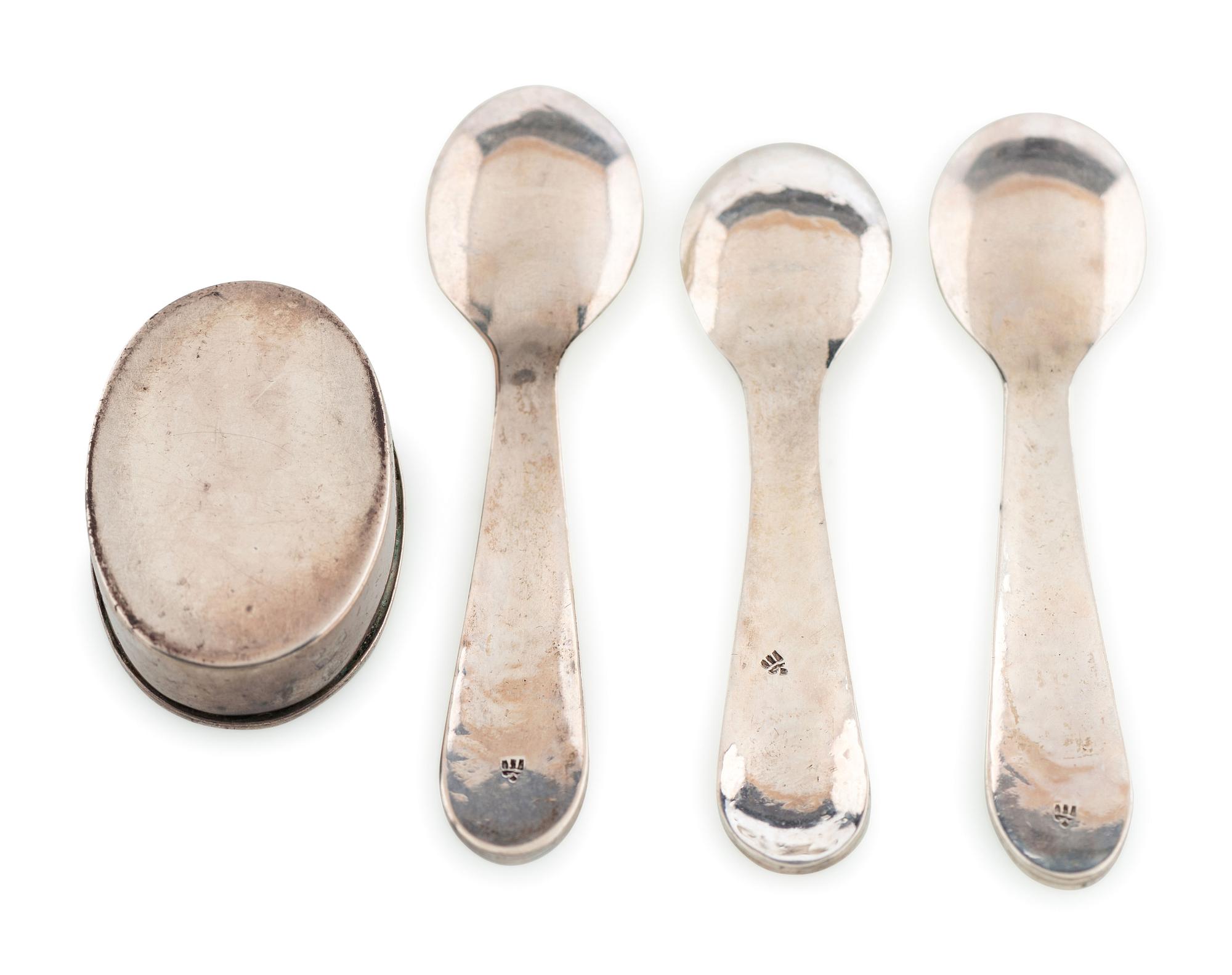 Group of Silver Overlay Salt Spoons AND Pill Bottle